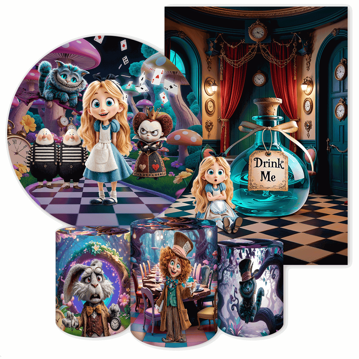 Kit 5 Peças Tema Alice no Pais das Maravilhas 4226 - Kit de 5 Peças 4226 - Painel Festivo