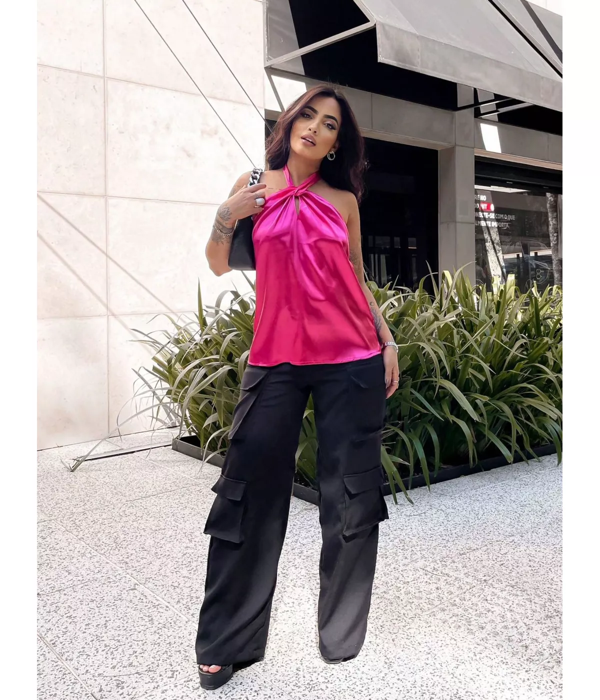 ADD MODA FEMININA EIRELI Camisa Feminina De Cetim, Amarração No Pescoço ...