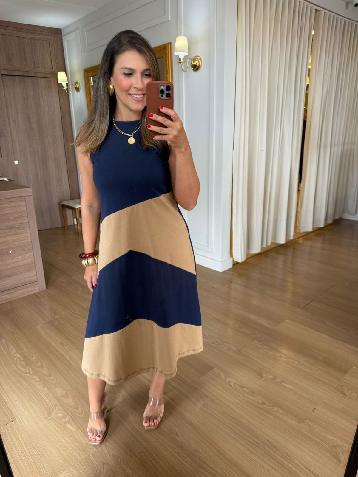 VESTIDO MALHA DE ALGODÃO BICOLOR LIZ - AZUL MARINH... - Espasso Bela | Moda Feminina