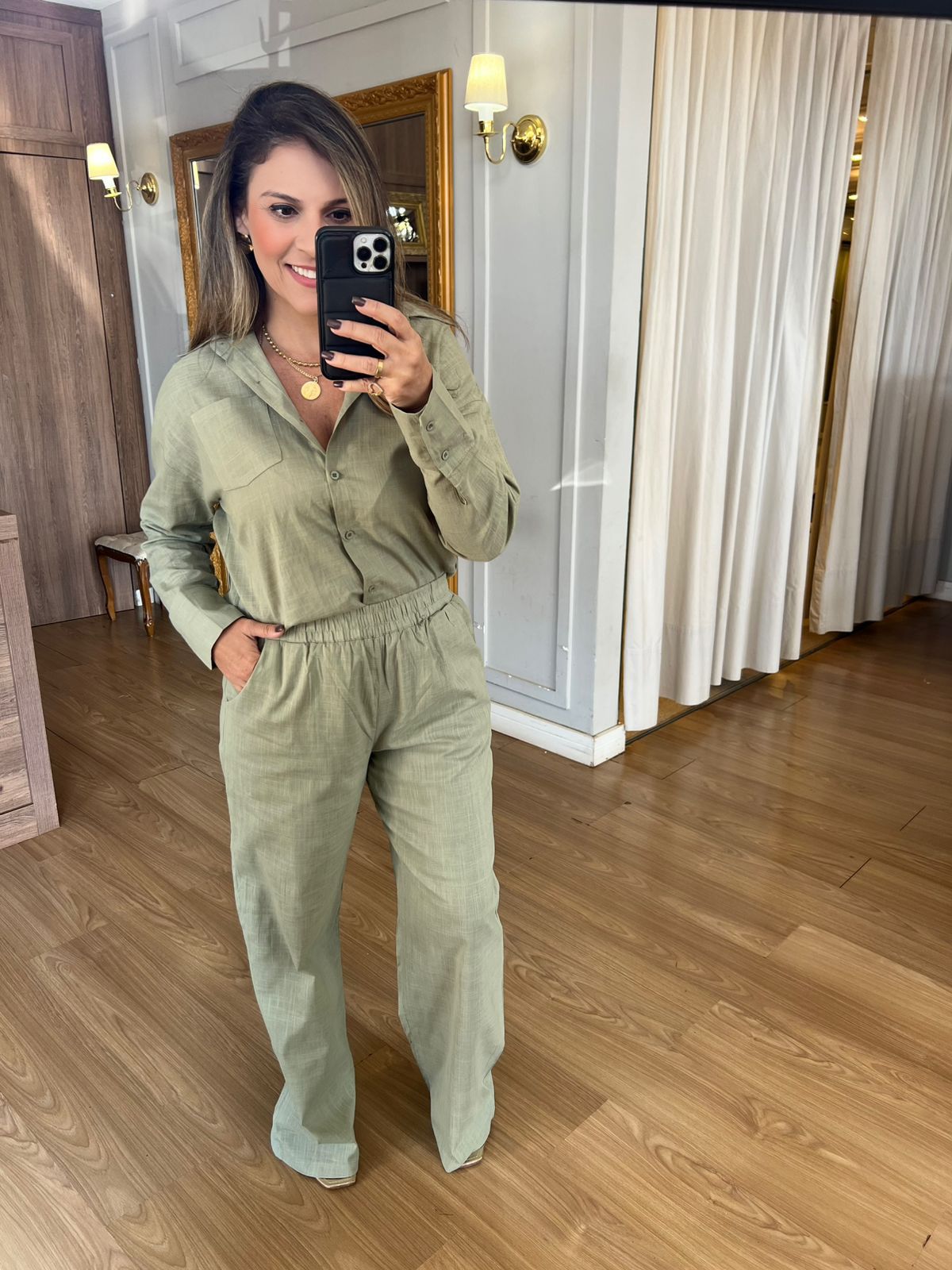 CONJUNTO CALÇA E CAMISA 100% ALGODÃO EVA - VERDE M... - Espasso Bela | Moda Feminina