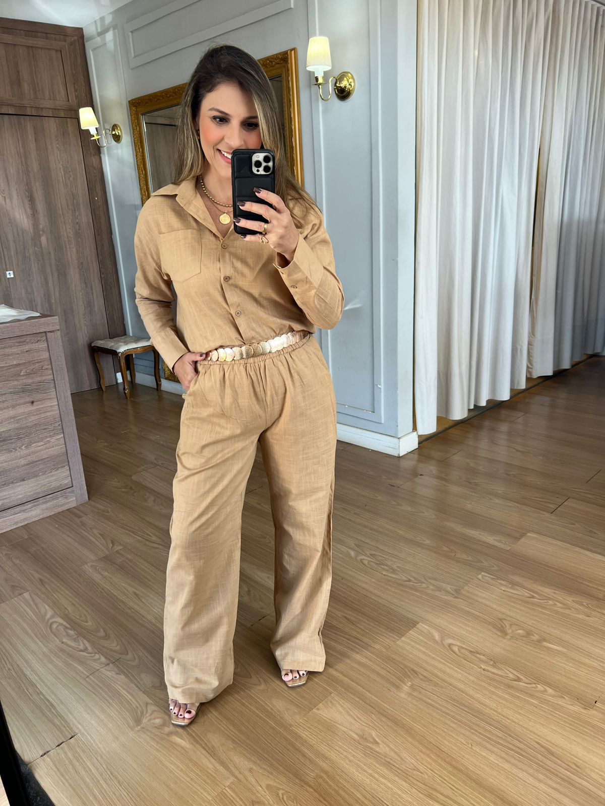 CONJUNTO CALÇA E CAMISA 100% ALGODÃO EVA - AREIA - Espasso Bela | Moda Feminina