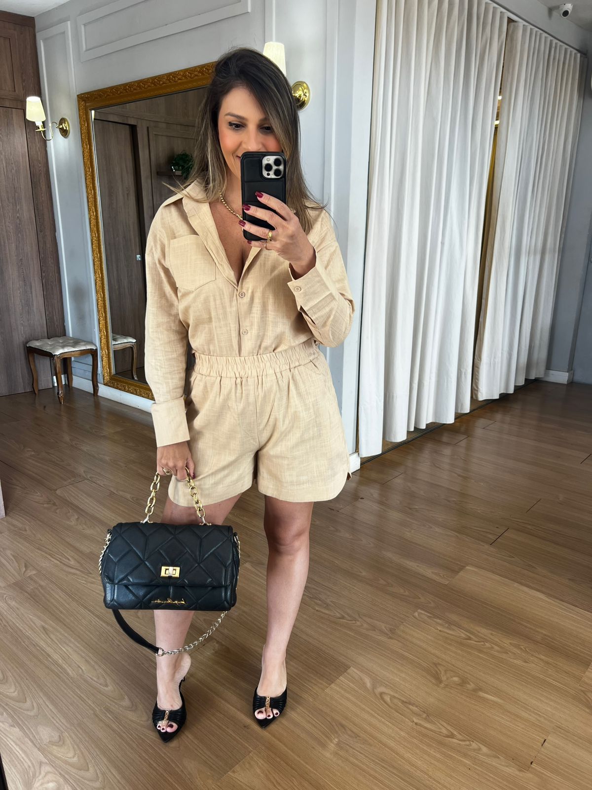CONJUNTO SHORT E CAMISA 100% ALGODÃO MARIA - BEGE - Espasso Bela | Moda Feminina