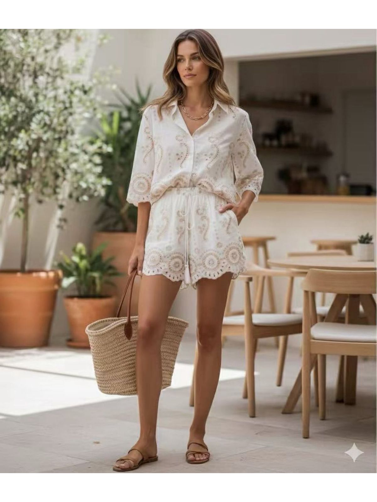 CONJUNTO MAITE EM LESI BORDADO - OFF COM BEGE - Espasso Bela | Moda Feminina