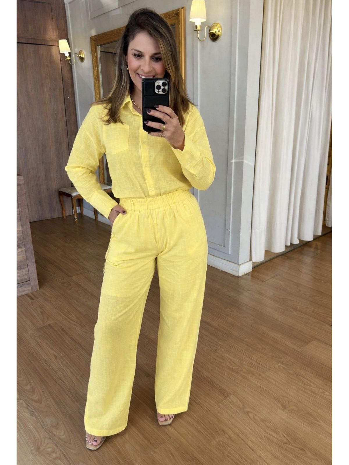 CONJUNTO CALÇA E CAMISA 100% ALGODÃO EVA - AMARELO... - Espasso Bela | Moda Feminina