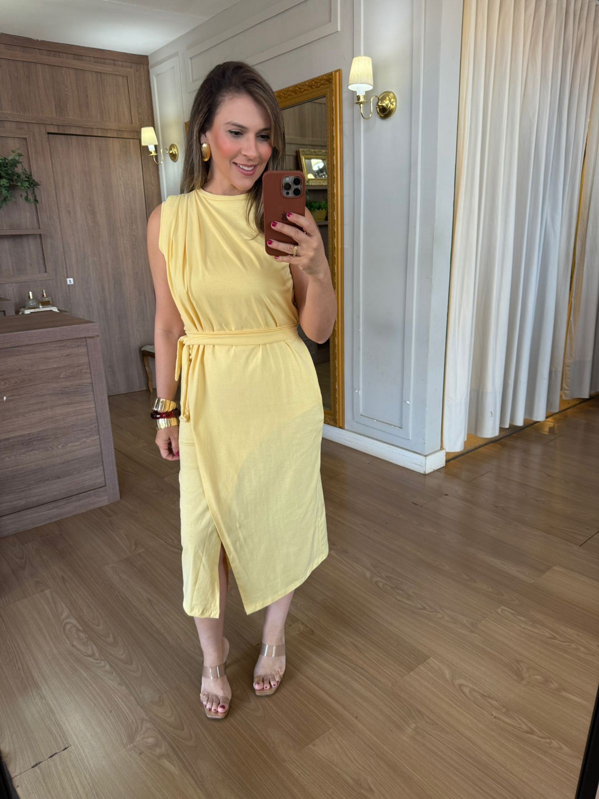 VESTIDO MALHA DE ALGODÃO DRAPEADO - AMARELO - Espasso Bela | Moda Feminina