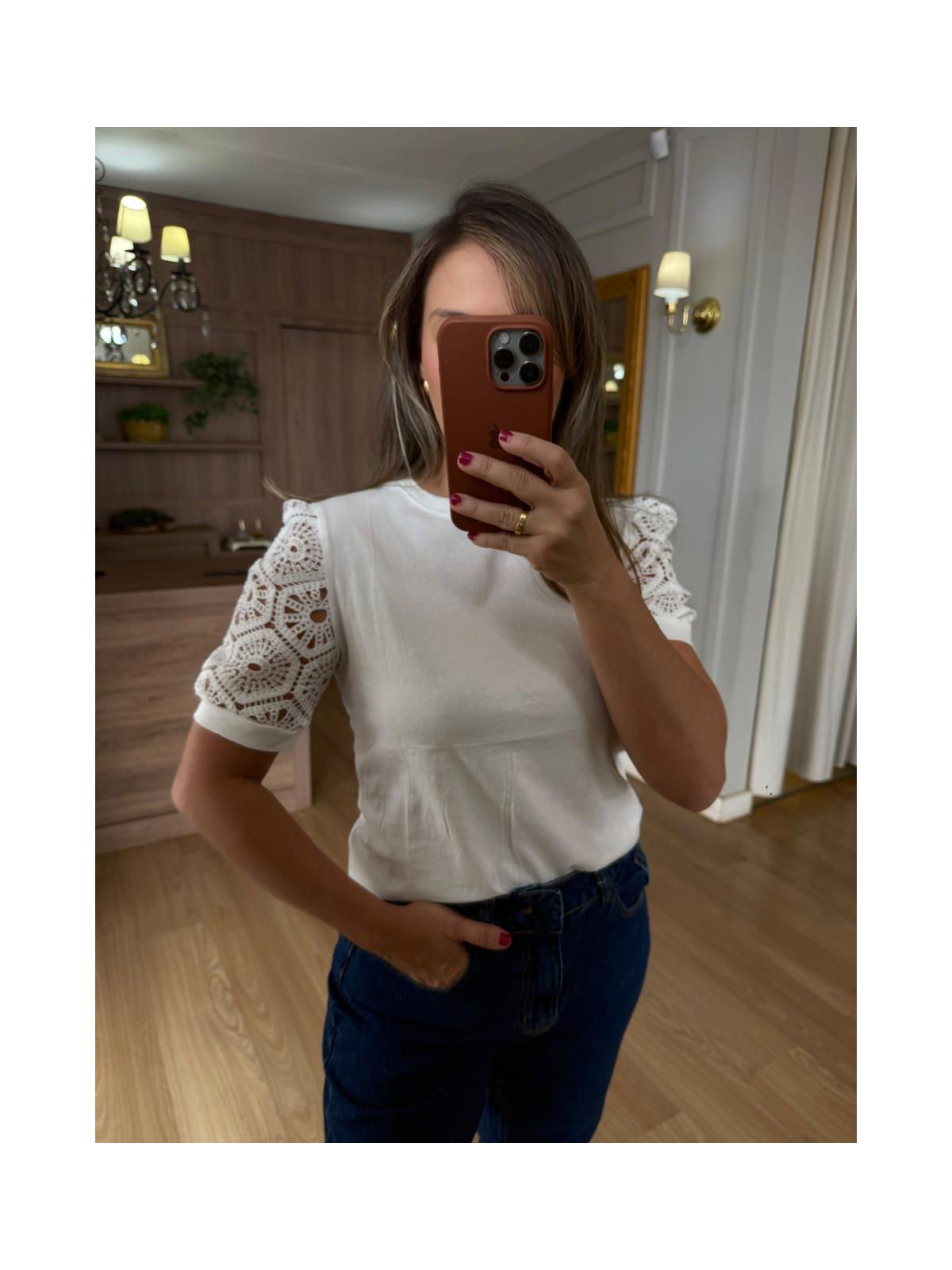 BLUSA MALHA ALGODÃO MANGA RENDA - BRANCA - Espasso Bela | Moda Feminina