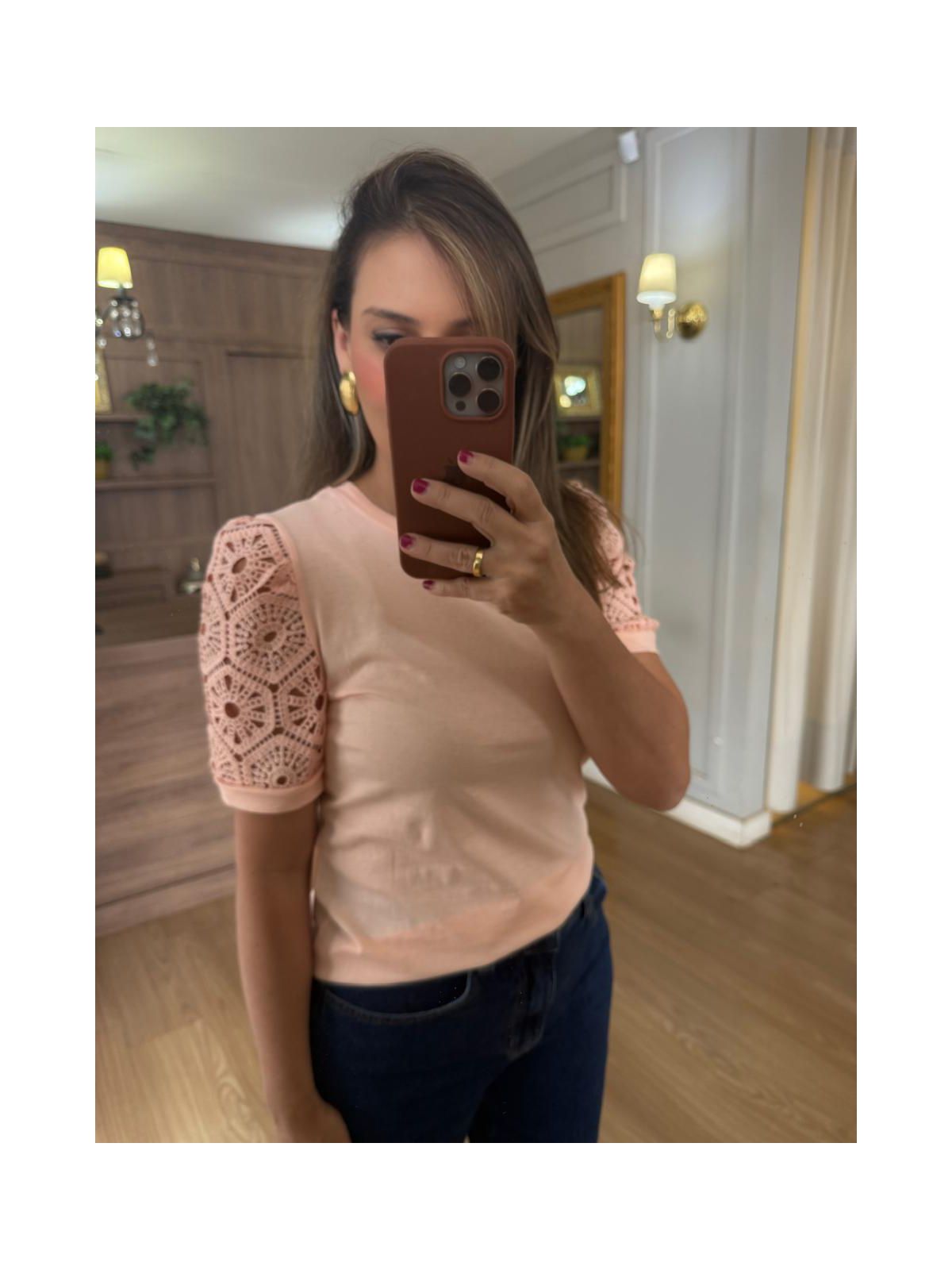 BLUSA MALHA ALGODÃO MANGA RENDA - ROSA - Espasso Bela | Moda Feminina