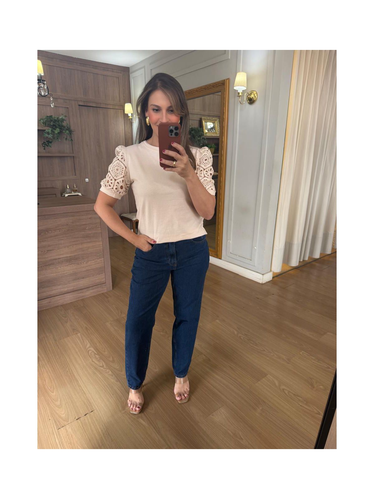 BLUSA MALHA ALGODÃO MANGA RENDA - BEGE - Espasso Bela | Moda Feminina