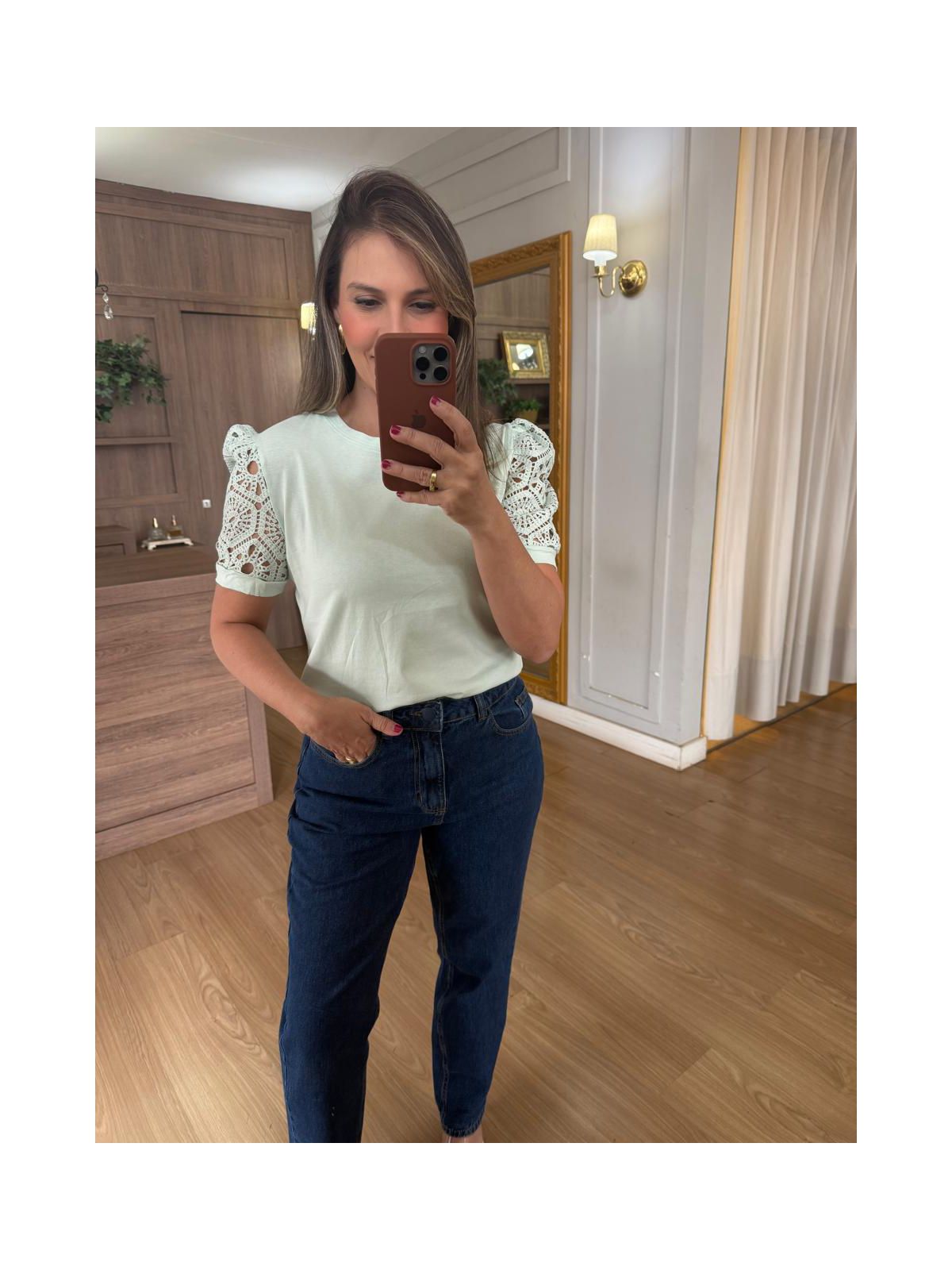 BLUSA MALHA ALGODÃO MANGA RENDA - VERDE - Espasso Bela | Moda Feminina