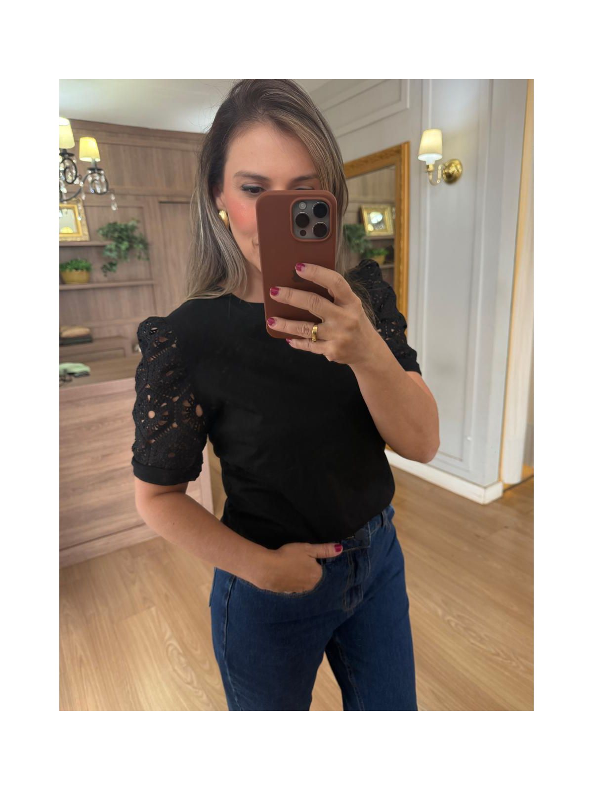 BLUSA MALHA ALGODÃO MANGA RENDA - PRETA - Espasso Bela | Moda Feminina