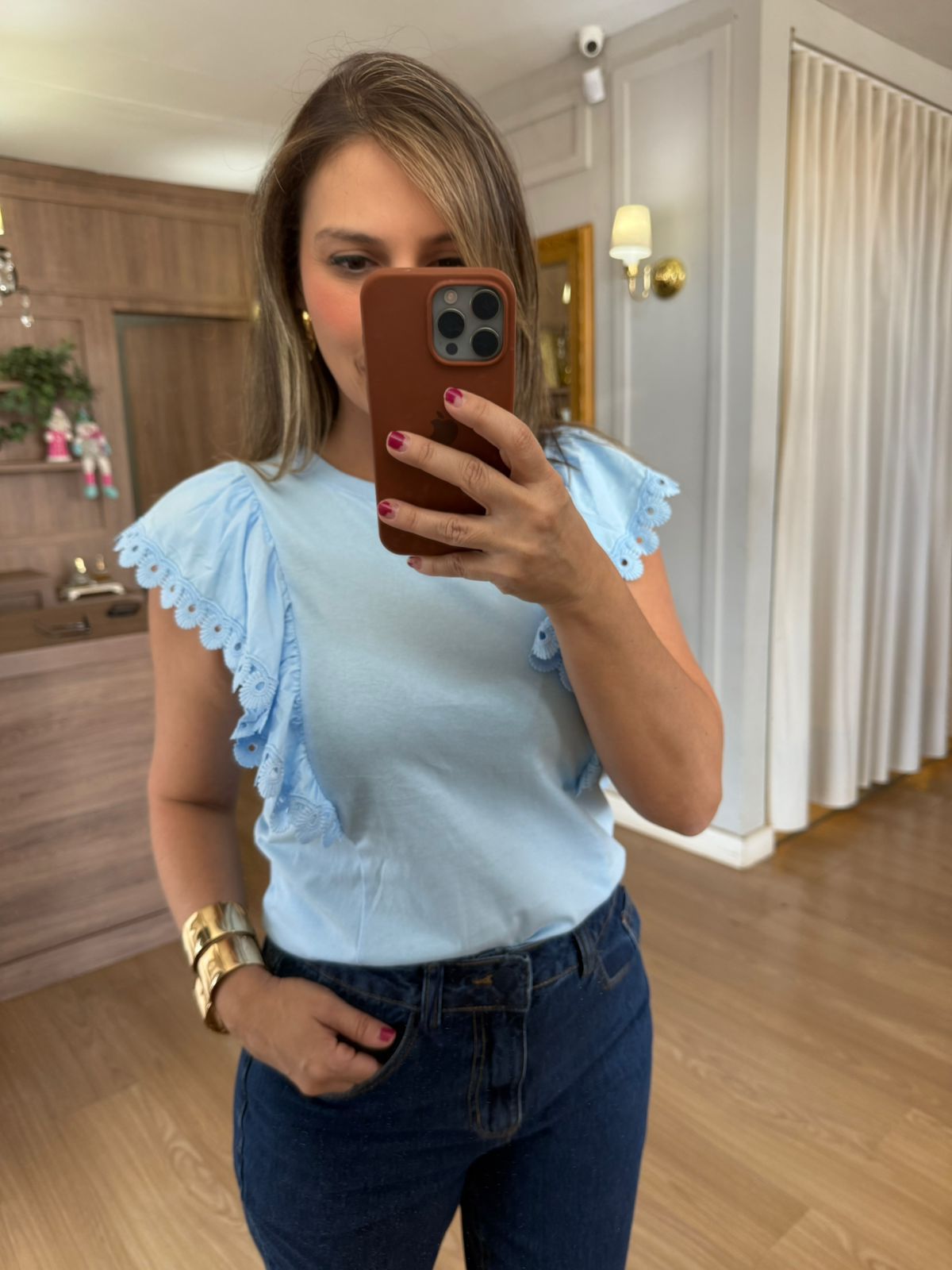 BLUSA MALHA DE ALGODÃO BABADOS - AZUL - Espasso Bela | Moda Feminina