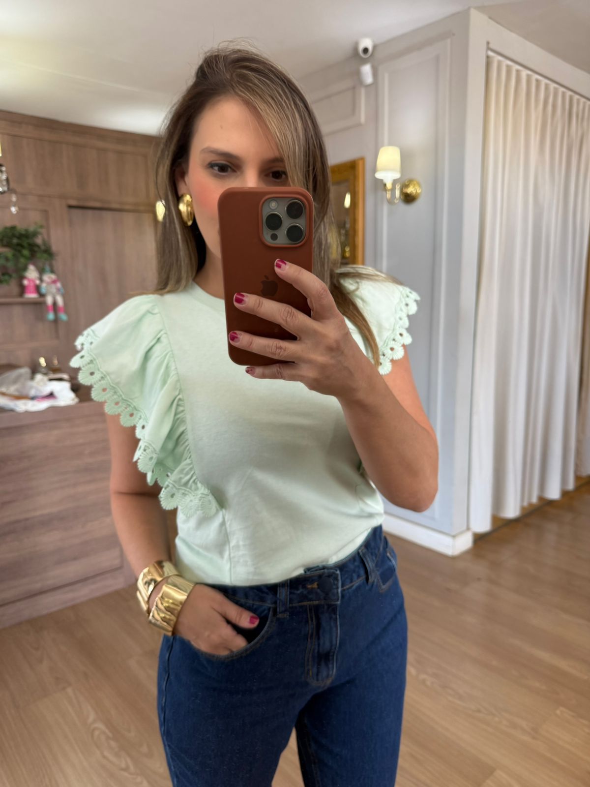 BLUSA MALHA DE ALGODÃO BABADOS - VERDE - Espasso Bela | Moda Feminina