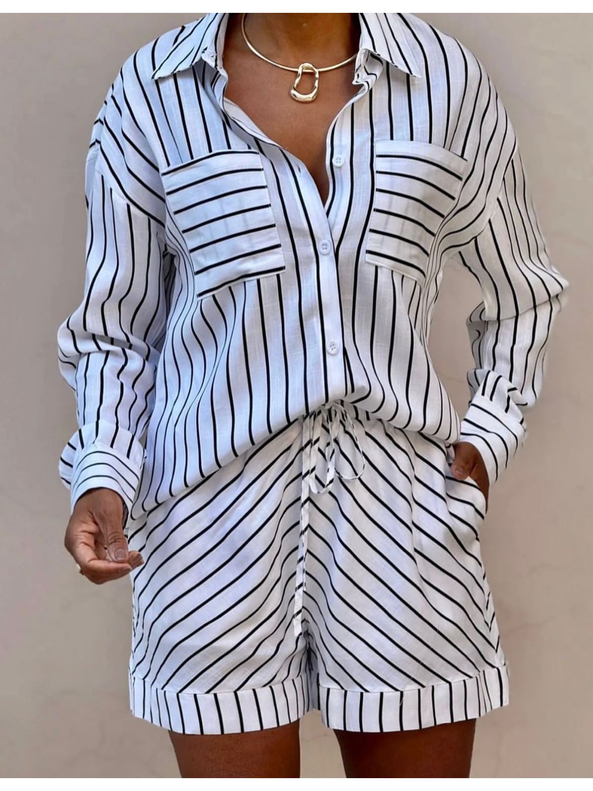 CONJUNTO 100% ALGODÃO LISTRADO - OFF/PRETO - Espasso Bela | Moda Feminina