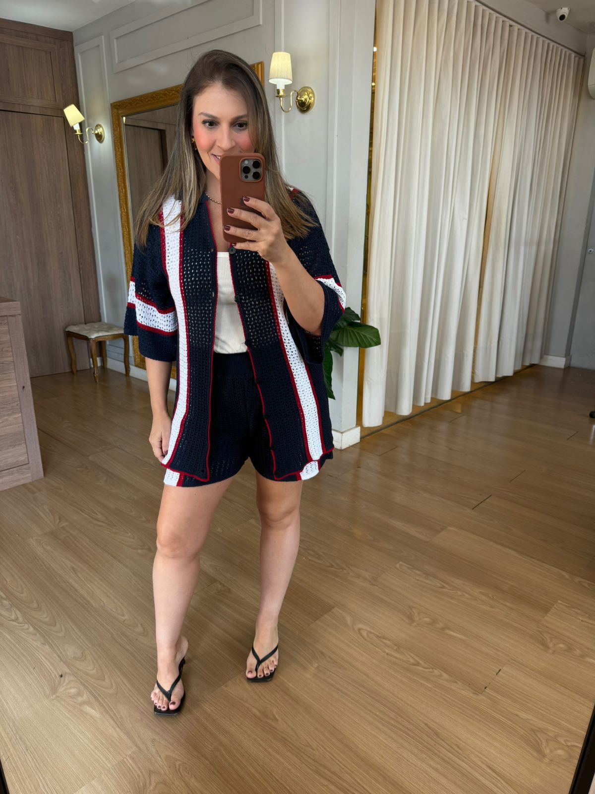 CONJUNTO EM TRICO VERÃO - MARINHO COM LISTRA OFF - Espasso Bela | Moda Feminina