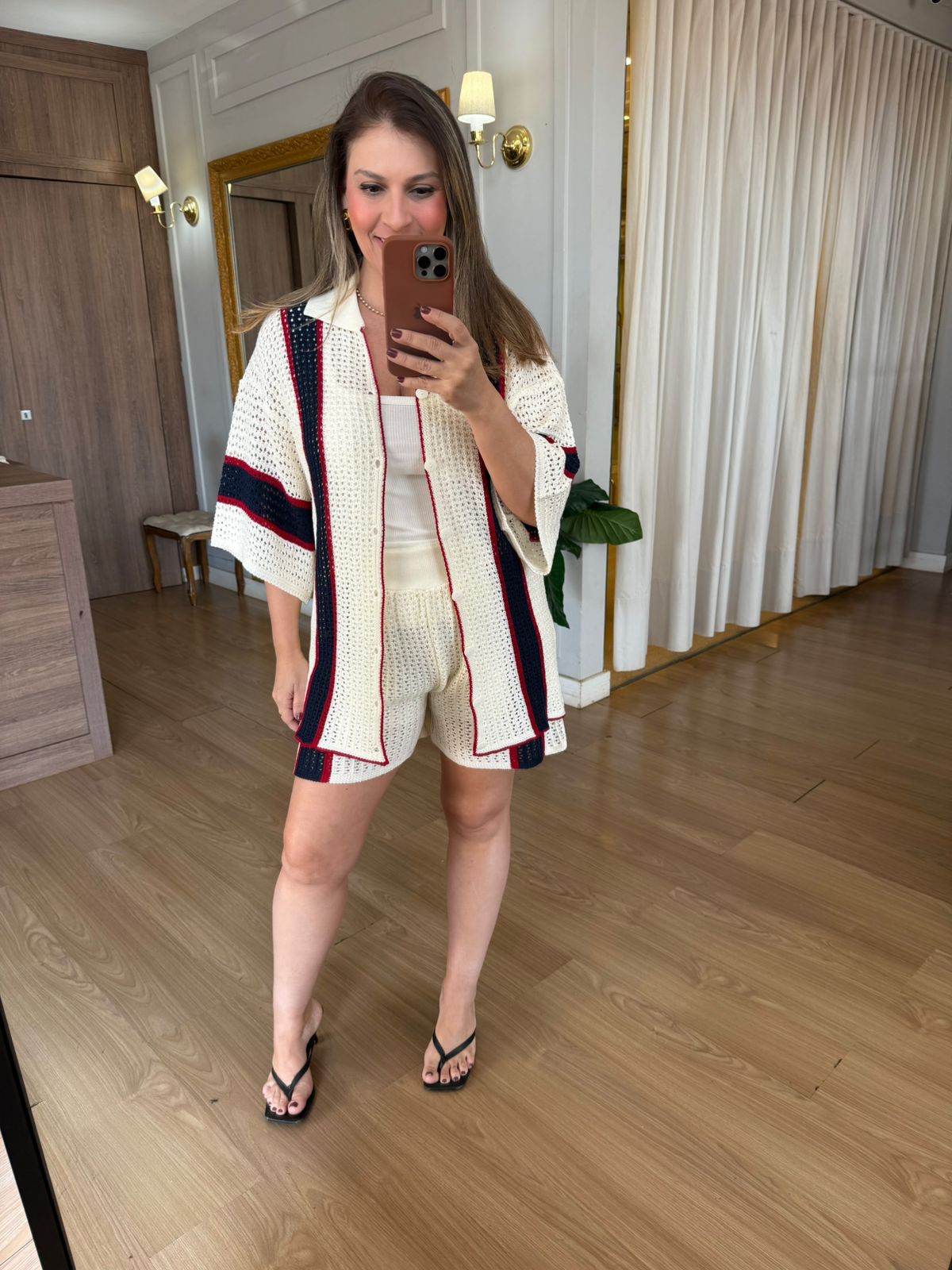 CONJUNTO EM TRICO VERÃO - OFF COM LISTRA MARINHO - Espasso Bela | Moda Feminina