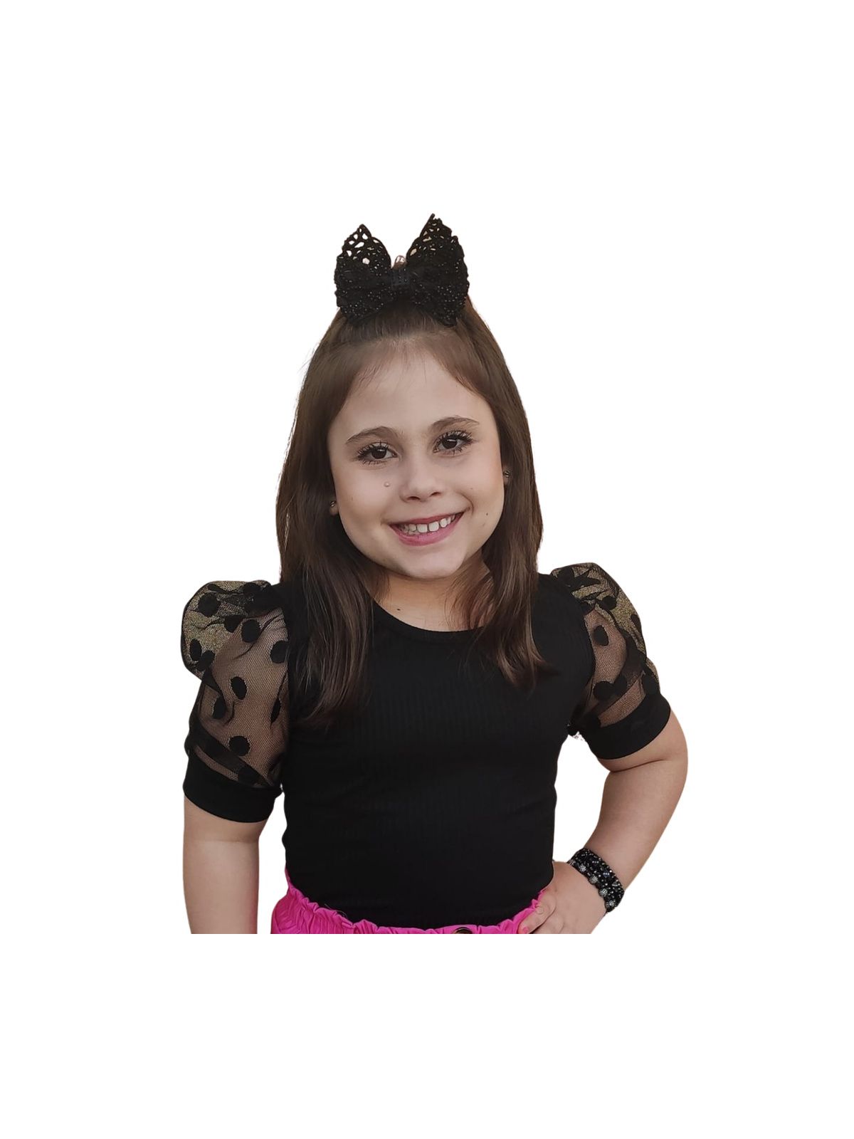 Blusa Manga Curta Tule Preta - Isa Cintra Moda Infantil