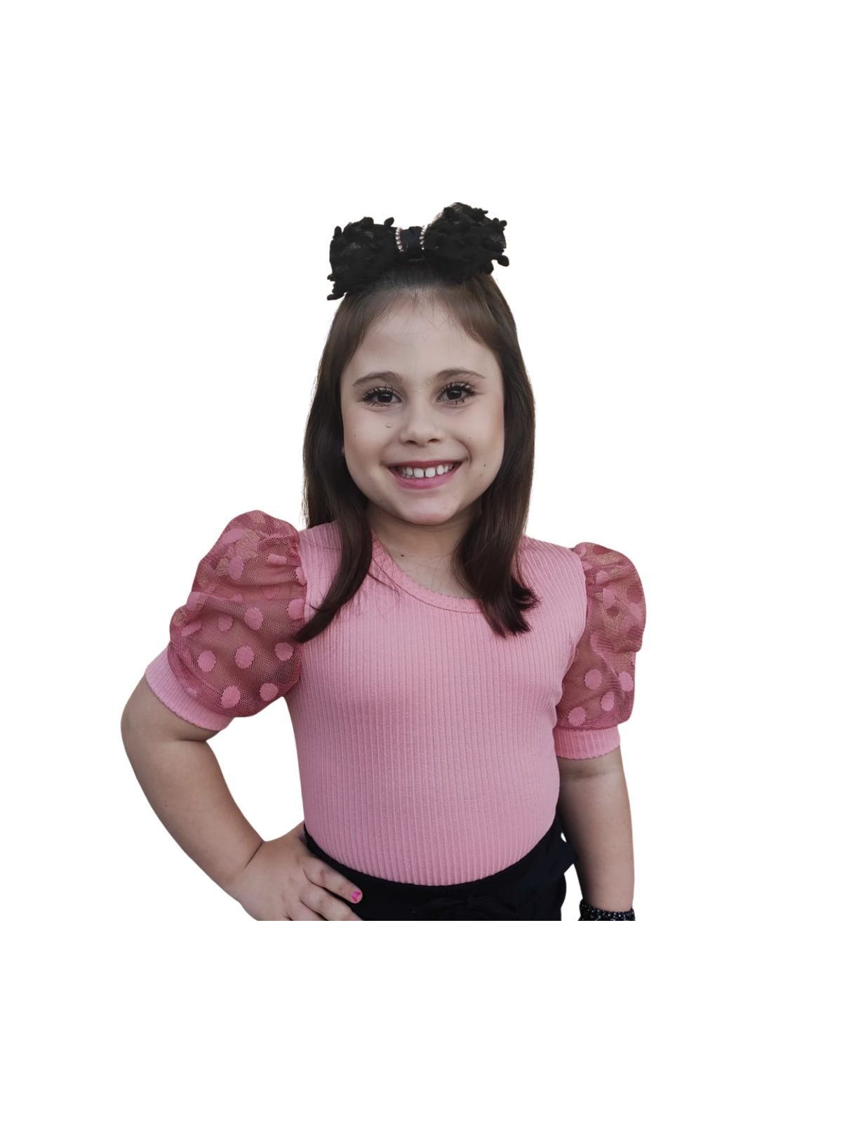 Blusa Manga Curta Tule Rosa - Isa Cintra Moda Infantil