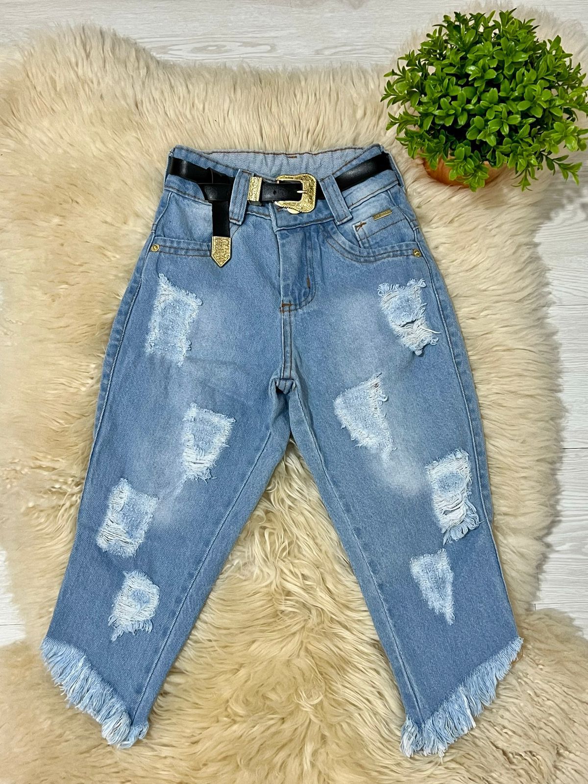 calça jeans infantil menina barra diagonal - Isa Cintra Moda Infantil