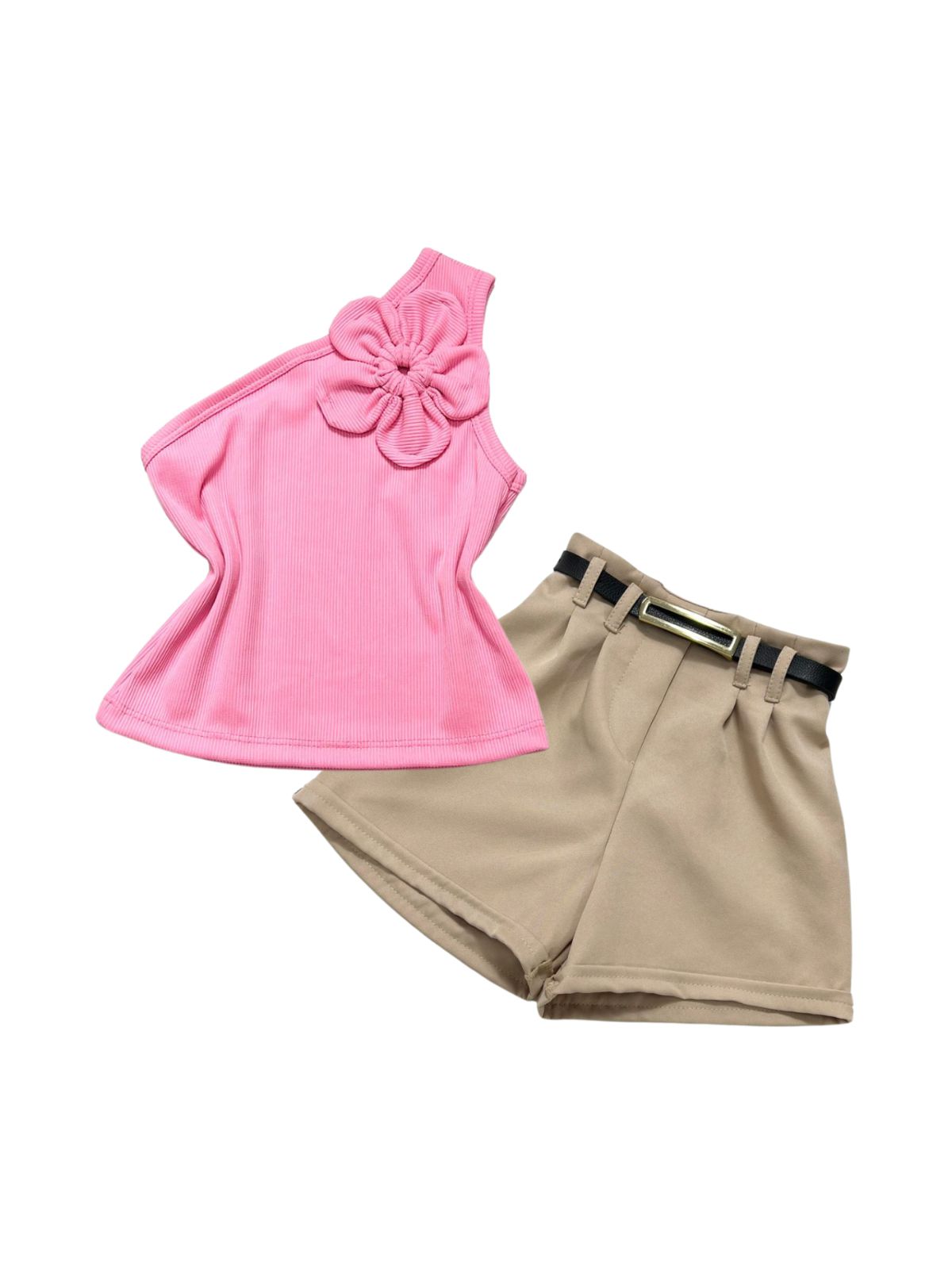 Conjunto Blusa Flor Rosa + Short Bege Bela - Isa Cintra Moda Infantil