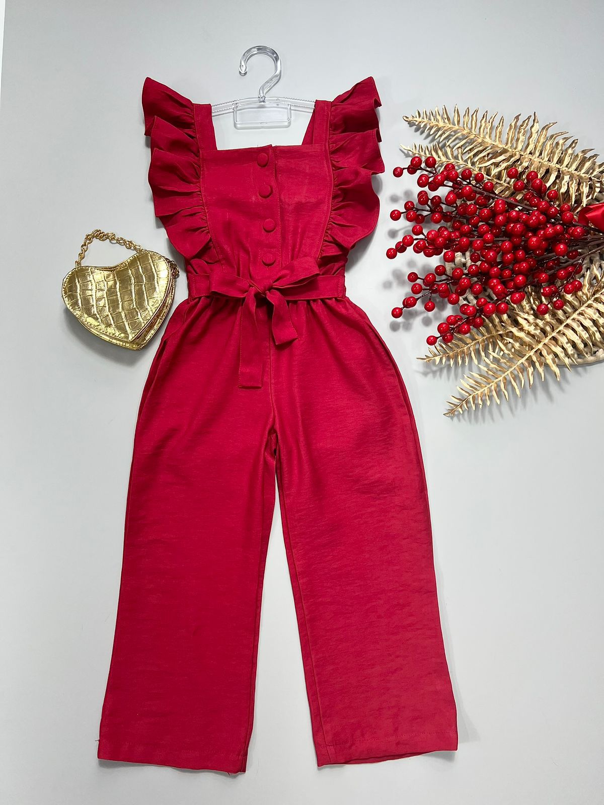 Macacão Longo Babado Vermelho - Isa Cintra Moda Infantil