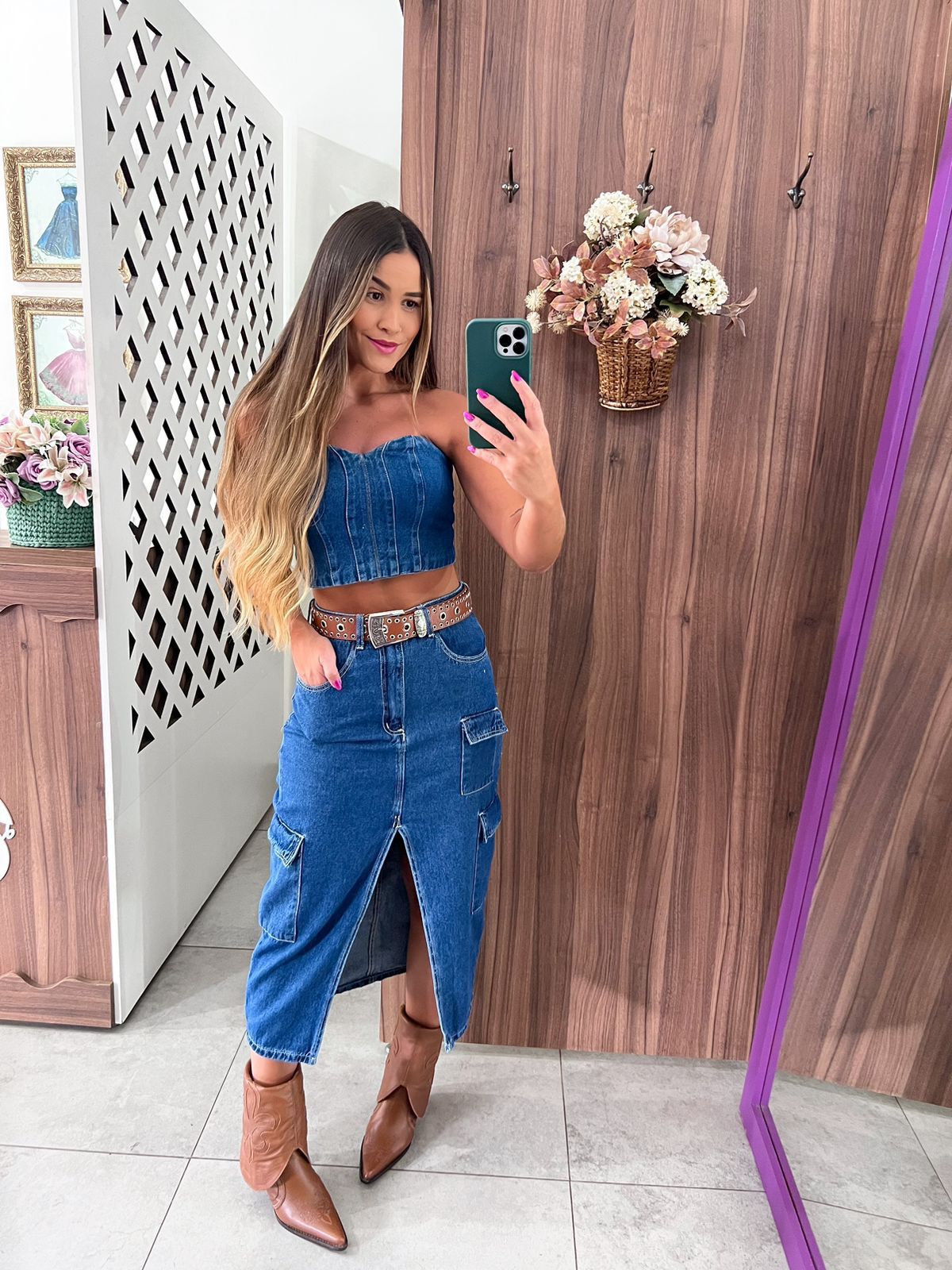 Saia Jeans Midi Multibolsos Alcance