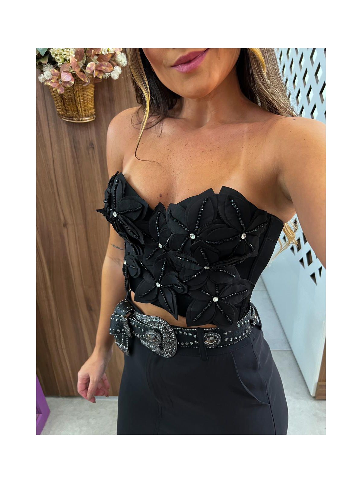 Top Corset Flores Preto