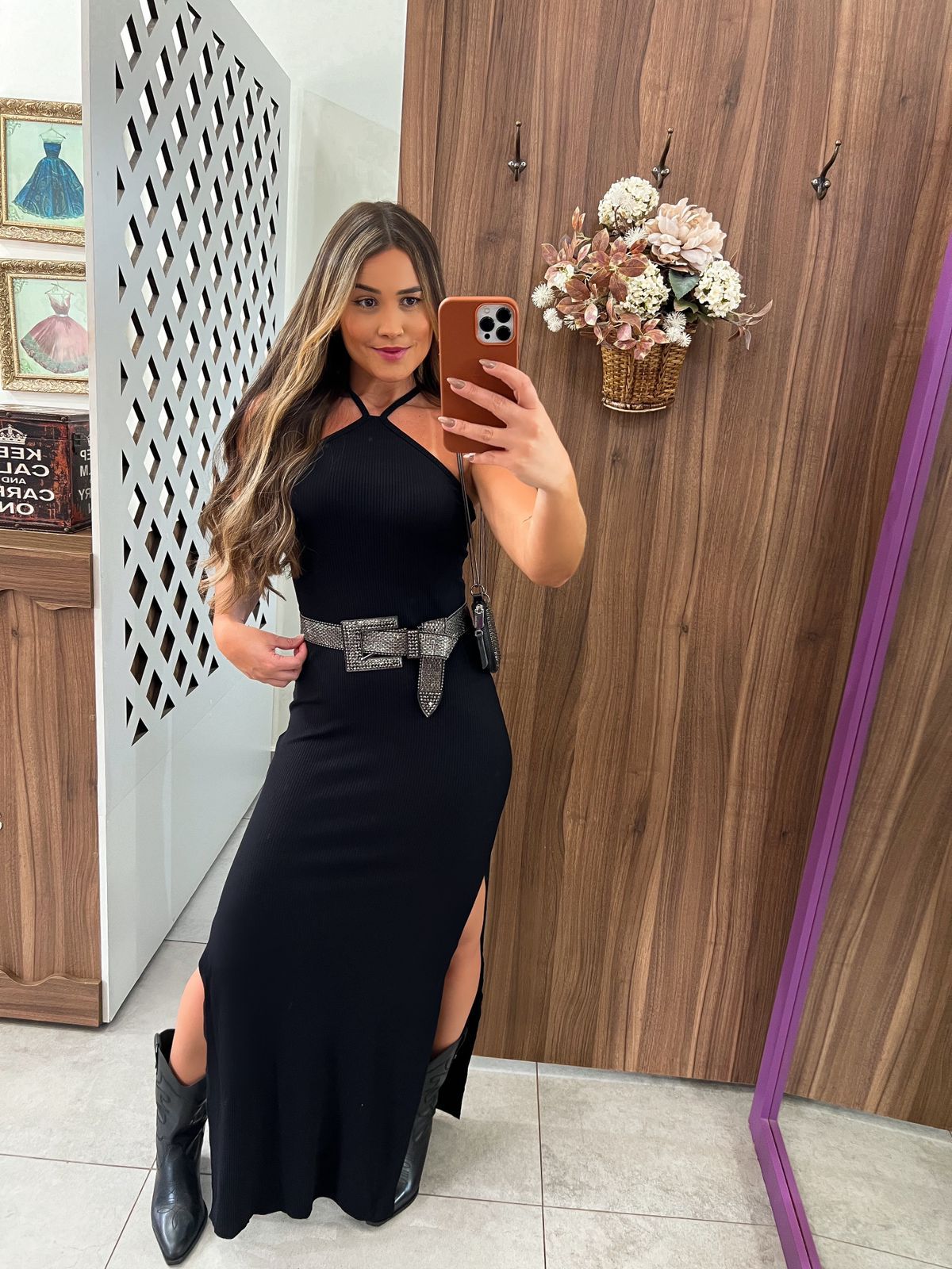 Vestido Preto Canelado Alças 