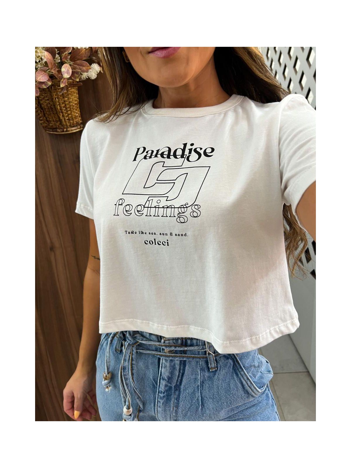 Camiseta Cropped Paradise Feelings Branco Colcci