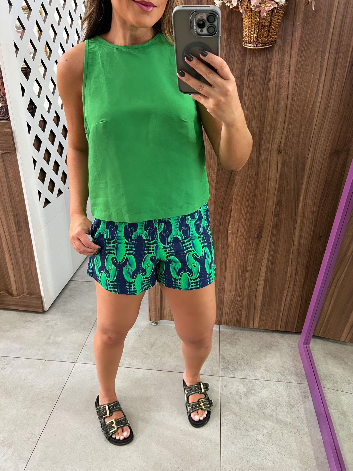 Blusa Regata Cropped Ella Com Linho Verde Colcci