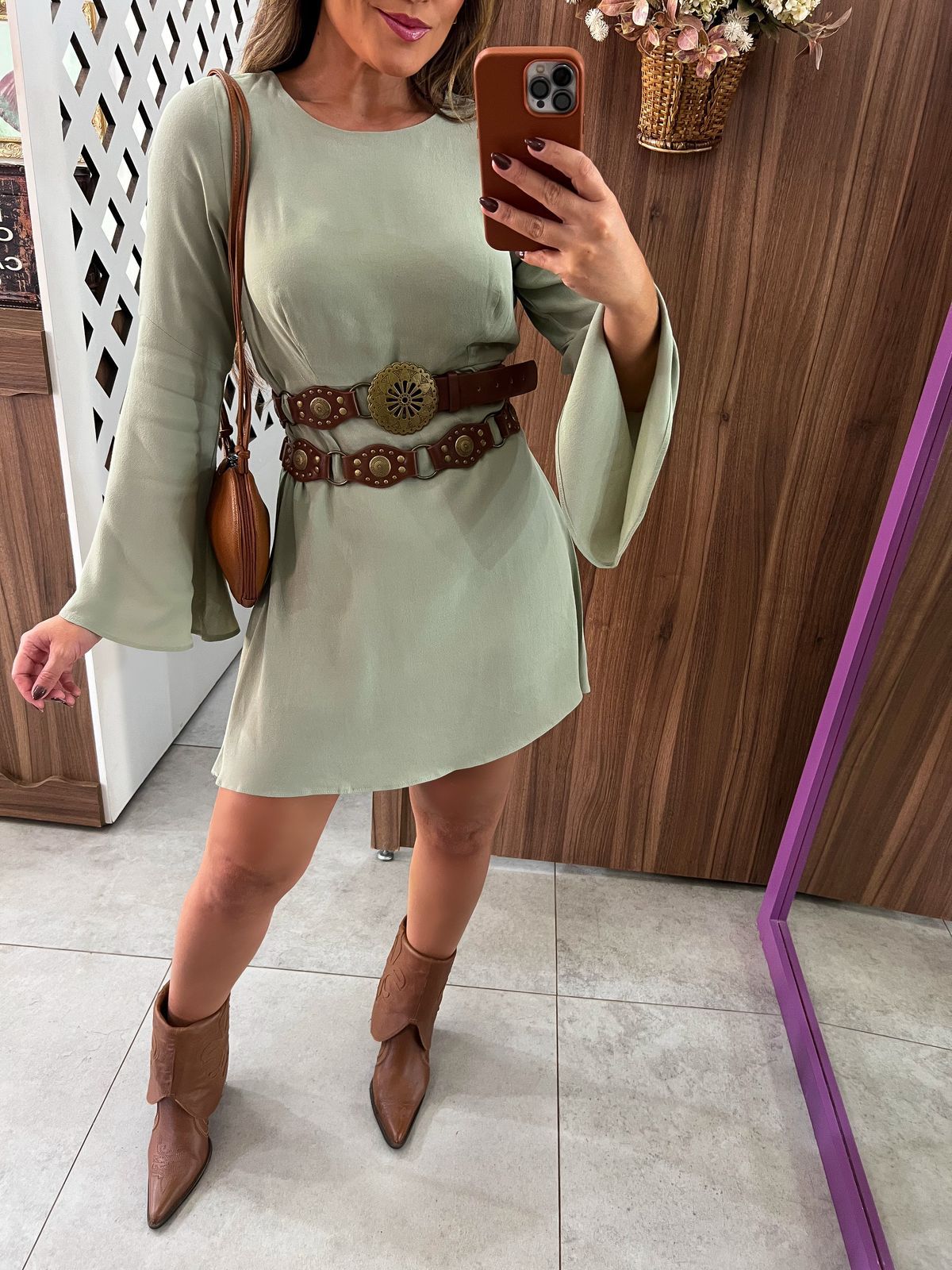 Vestido Curto Manga Longa Boho Menta Vida Bela 