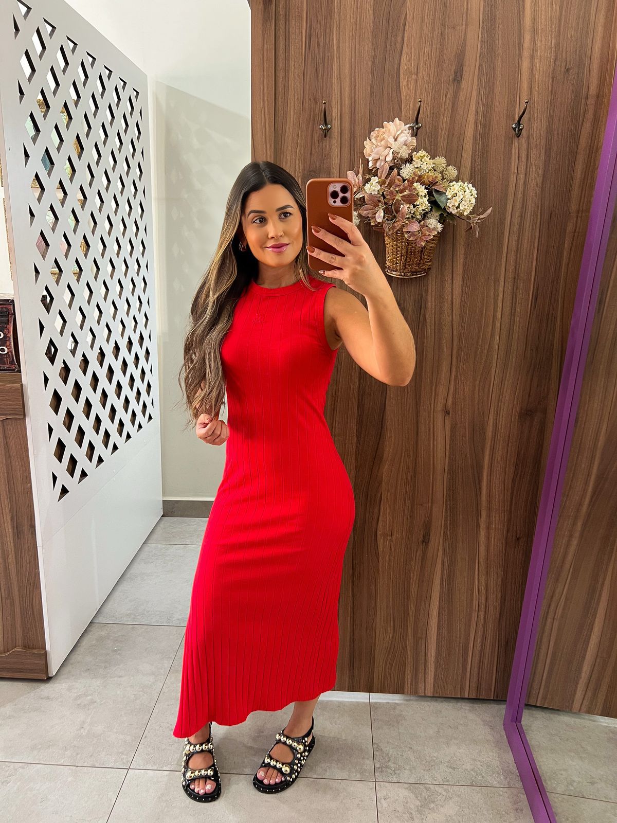 Vestido Canelado Midi Vermelho Colcci 