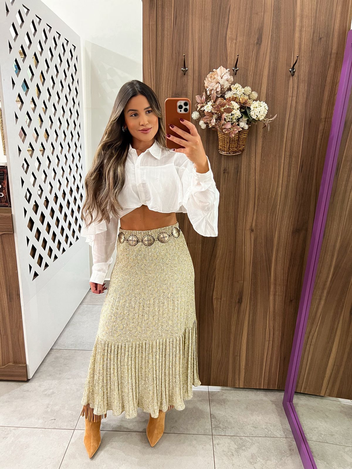 Saia Midi Estampada Oliva Floral Tule 