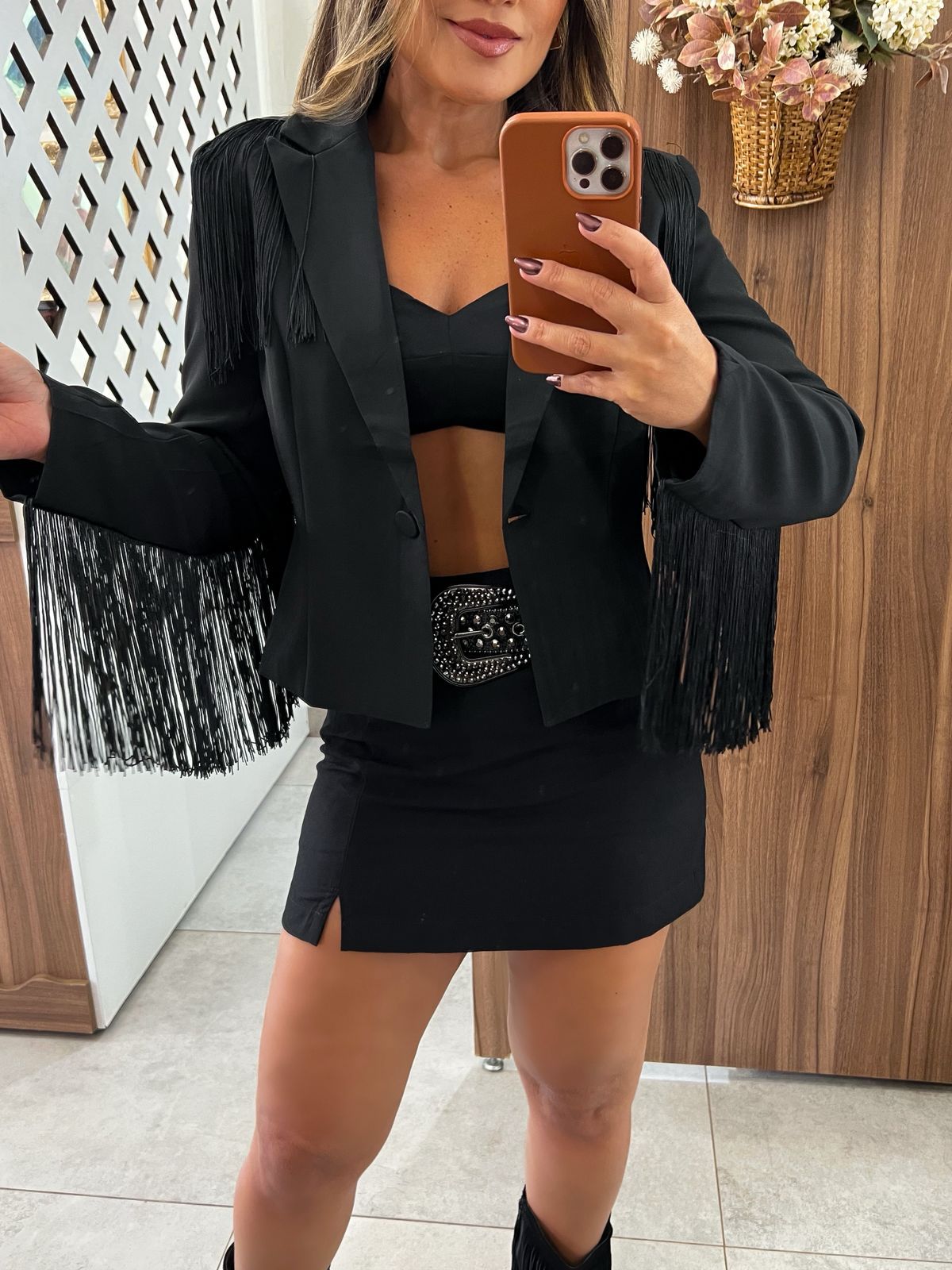 Blazer Preto Franjas Clara
