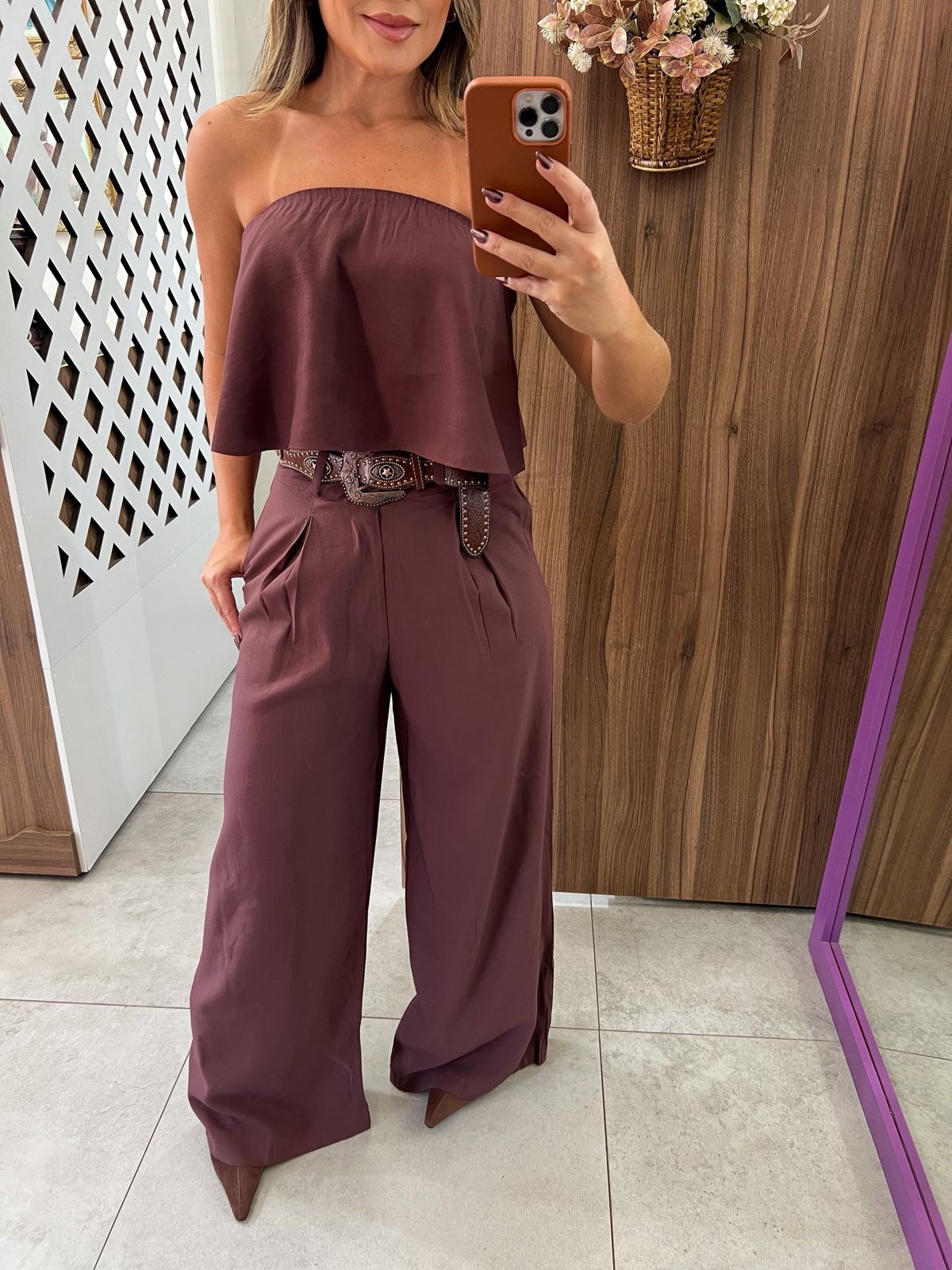 Calça Pantalona Madalena Marrom Bordo