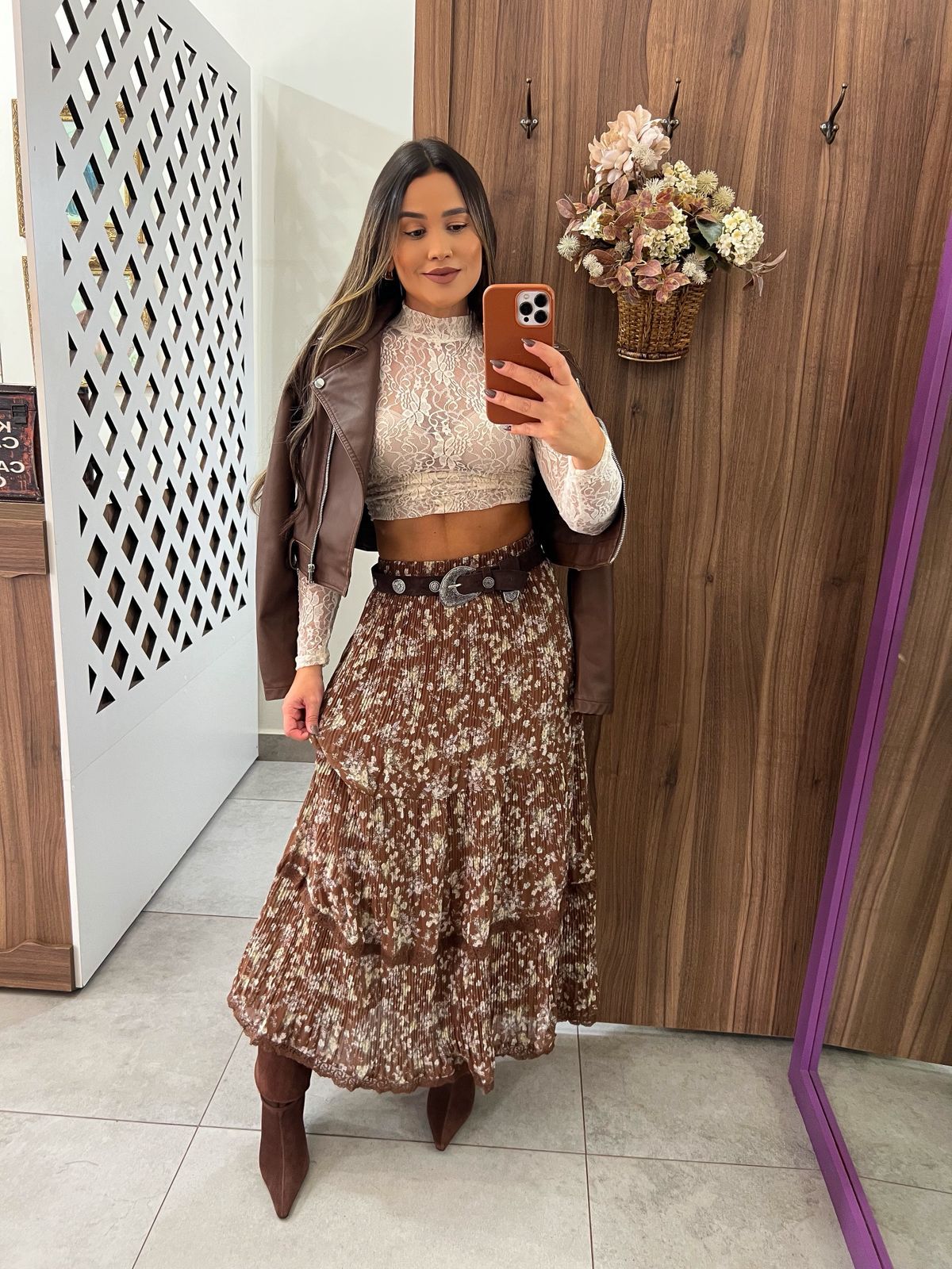 Saia Midi Marrom Floral Angel