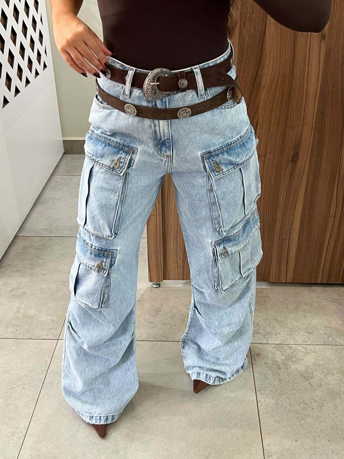 Calça Jeans Cargo Utility Marmorizado Claro
