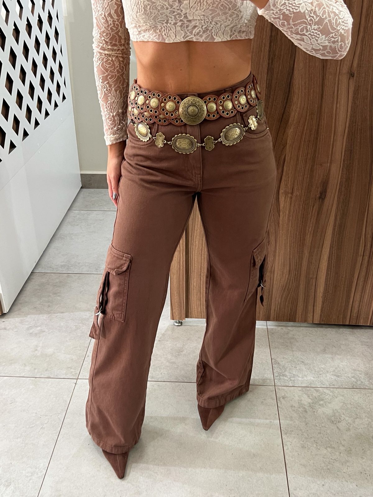 Calça Cargo Jeans Marrom