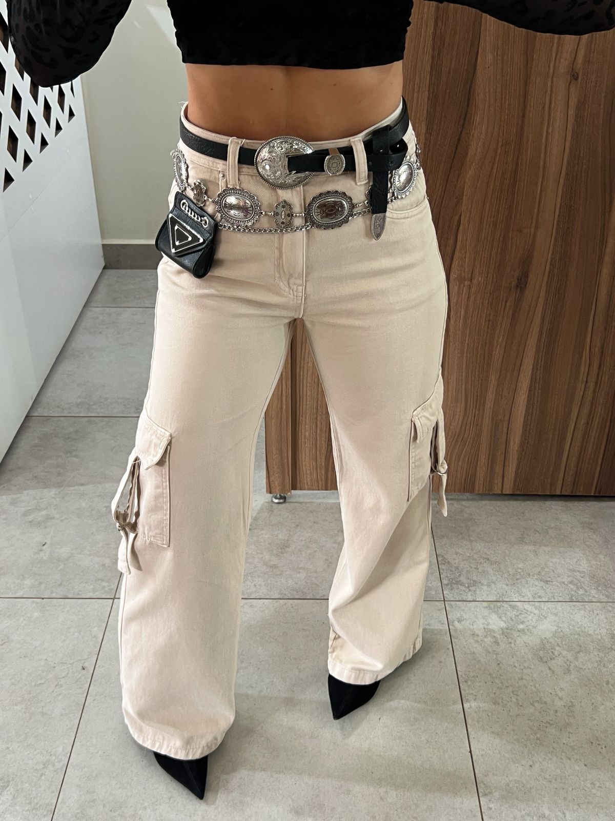 Calça Cargo Jeans Bege