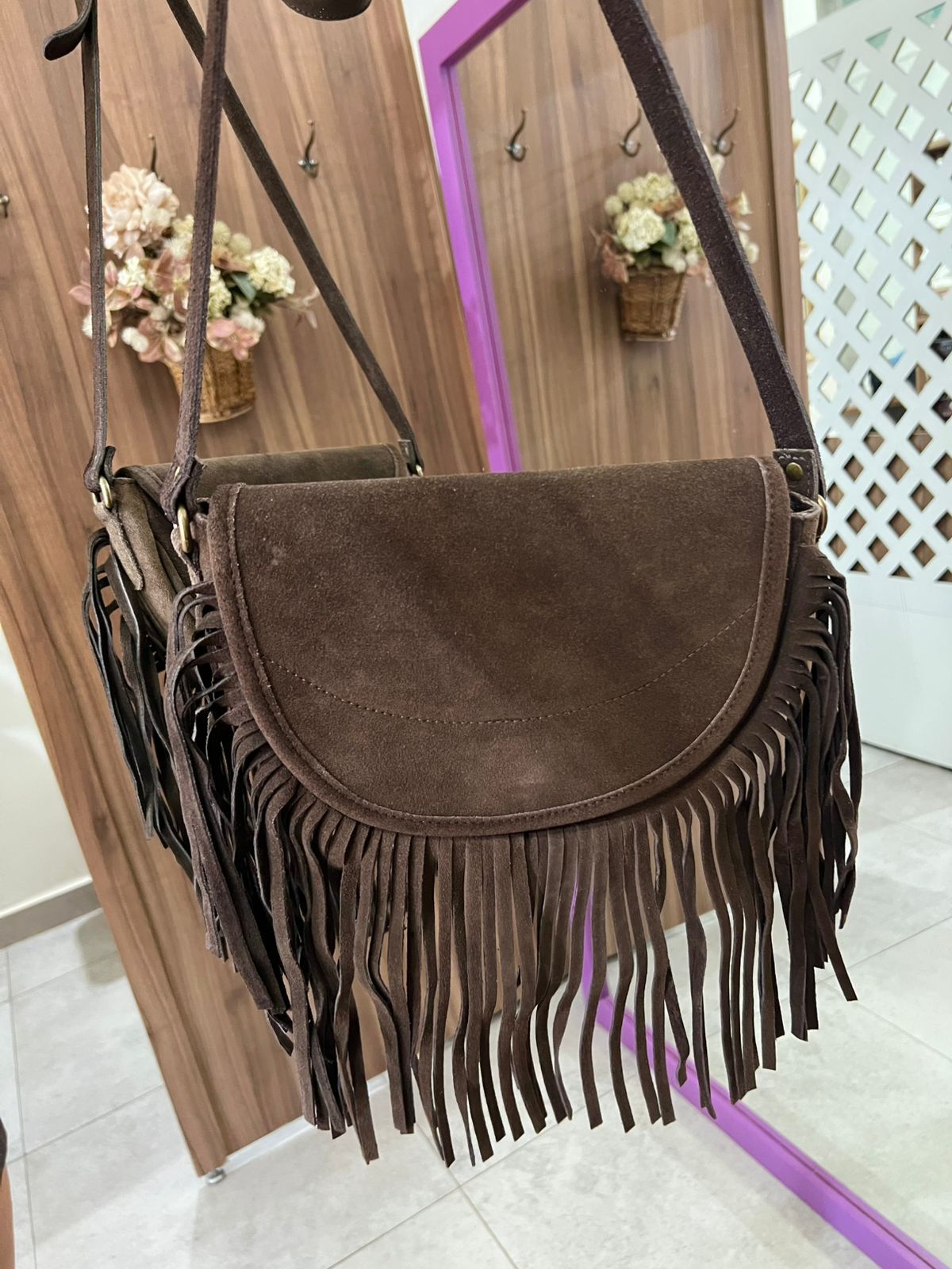 Bolsa Camurça Marrom Franjas