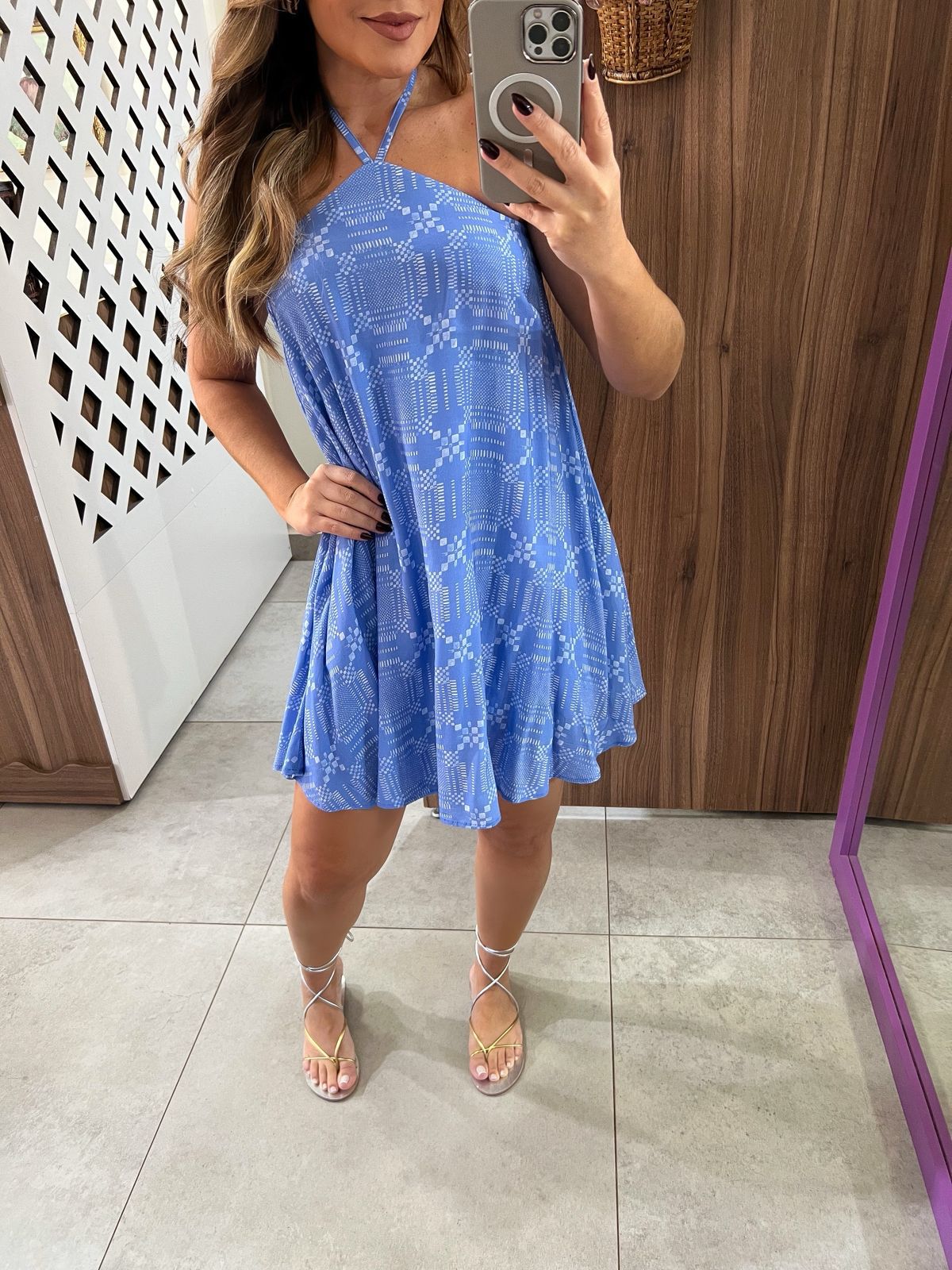 Vestido Frente Única Curto Estampado Azul Com Amarração Lez a Lez 