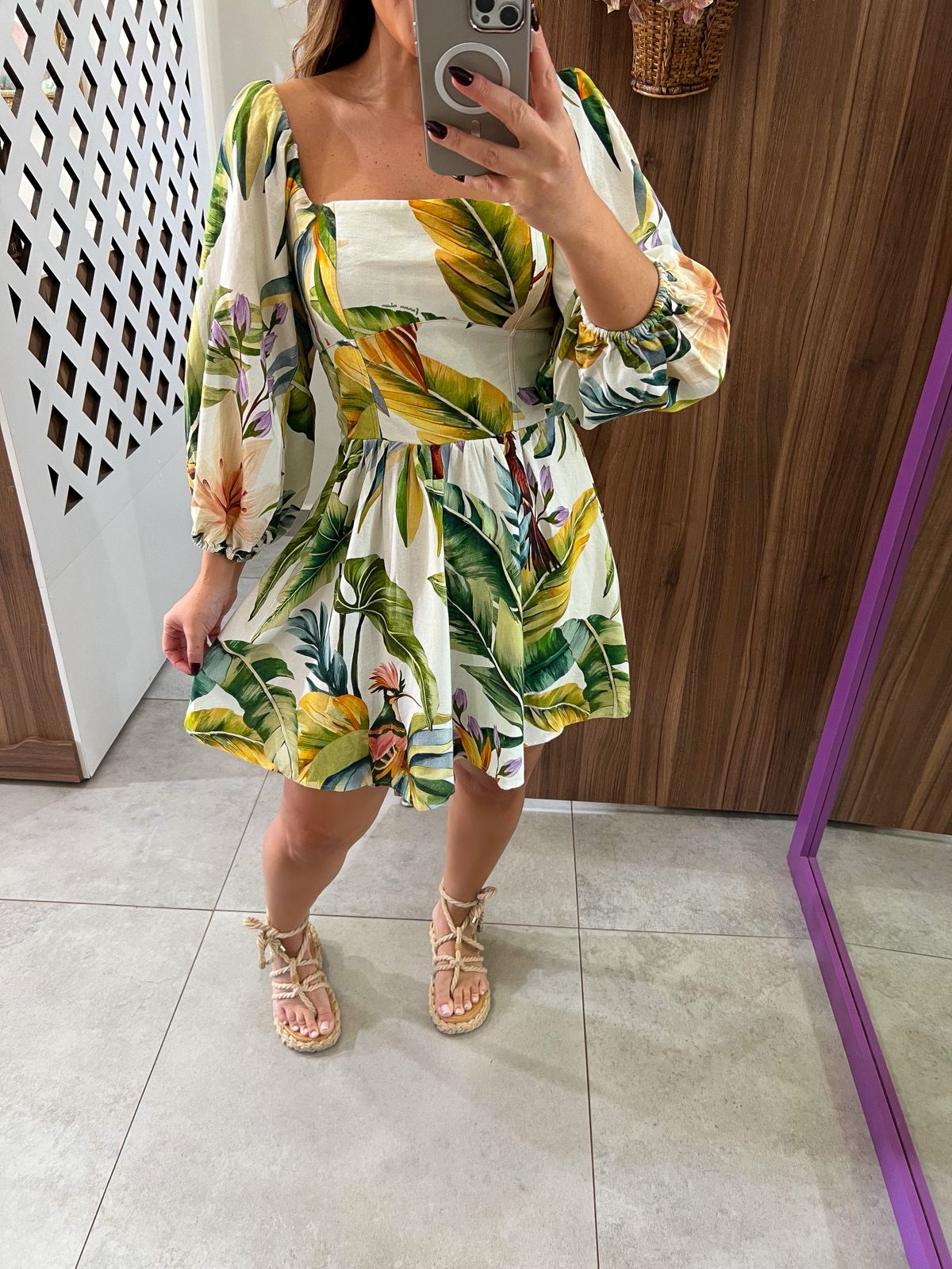 Vestido Curto Manga Estampado Tropicália Farm