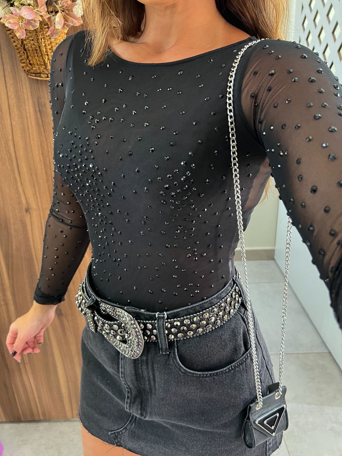 Body de Tule Aplicação Preto Dadri