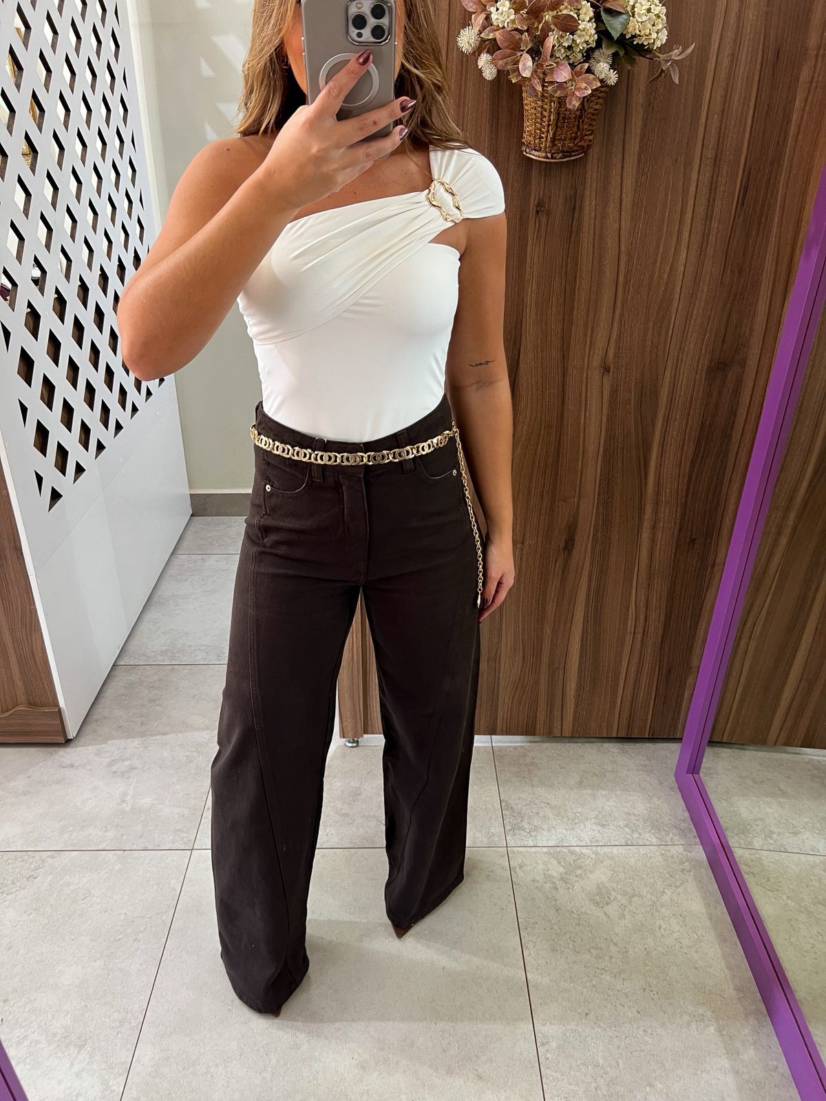 Calça Wide Leg Jeans Marrom 