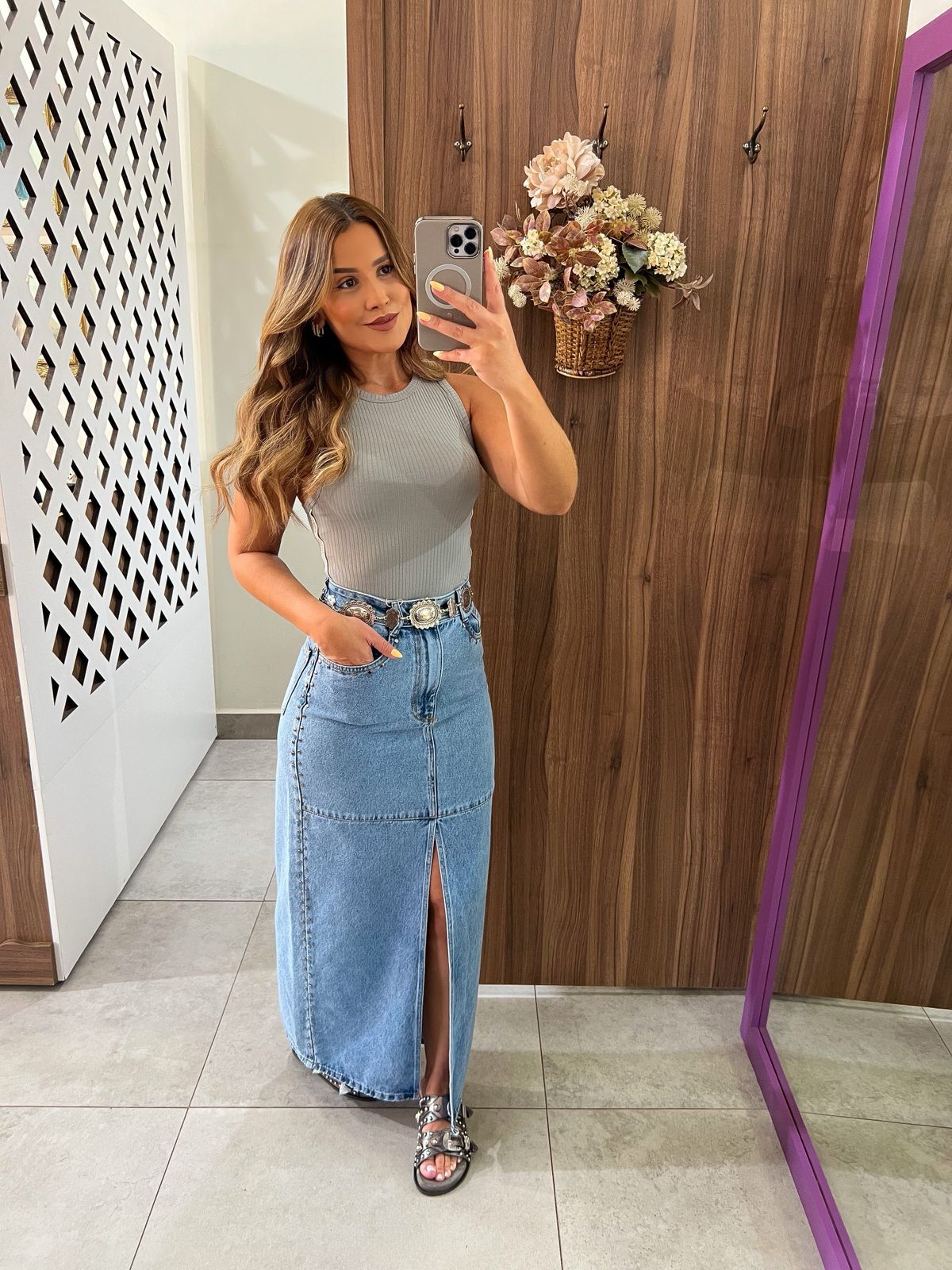 Revanche Jeans Feminina Saia Longa Com Racho Saia Jeans Longa Com