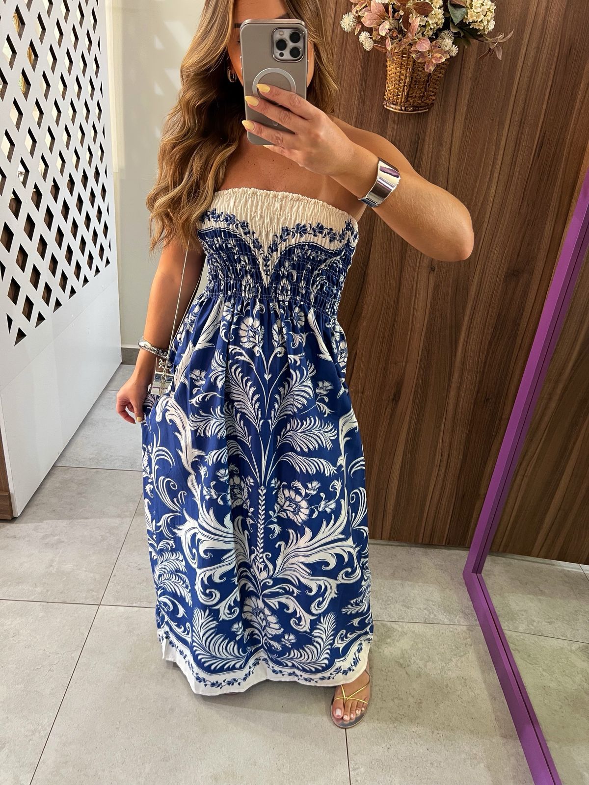 Vestido Midi Sem Alças Estampado Santorini Farm