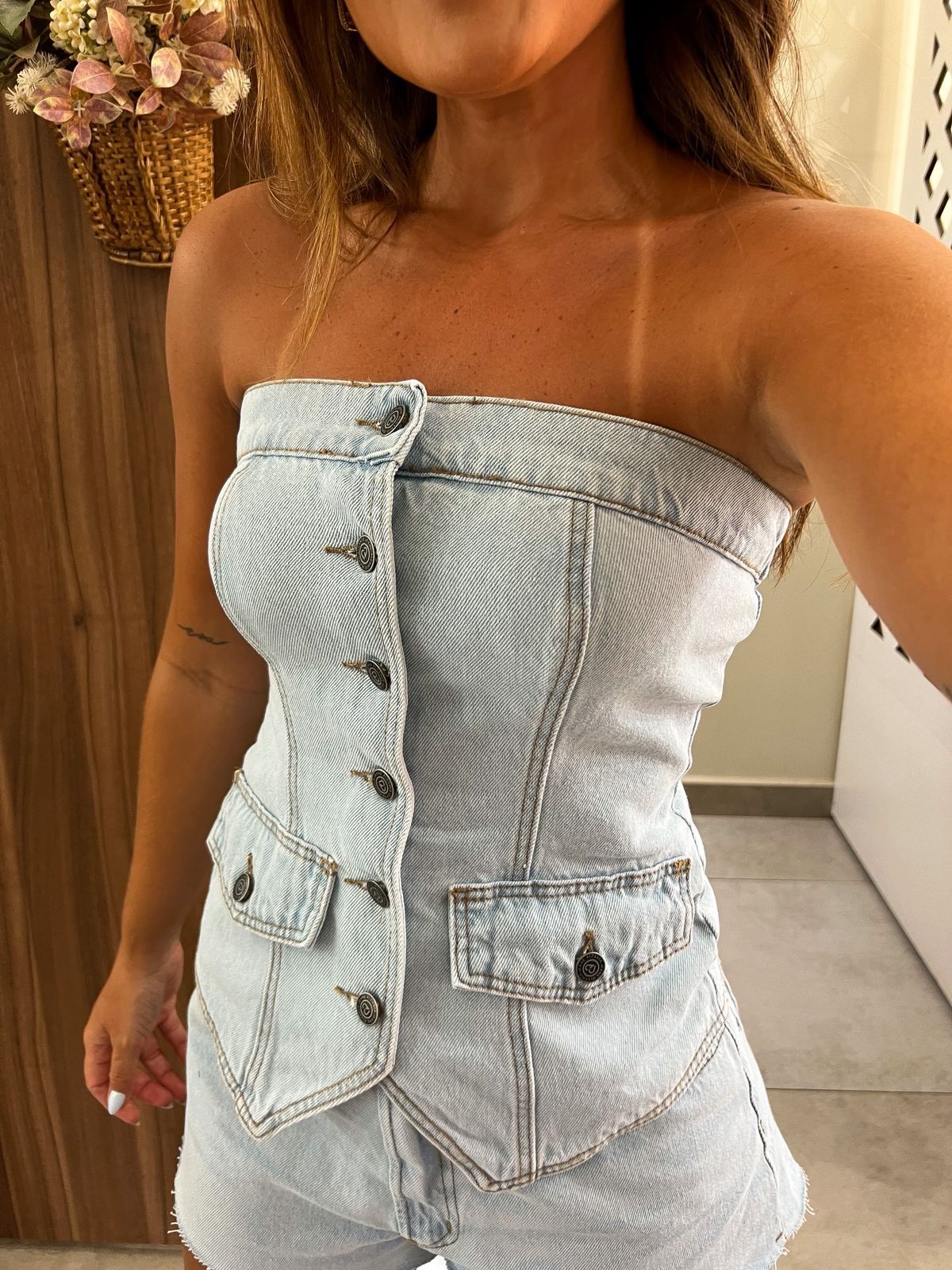 Blusa Jeans Claro Ombro a Ombro Solea Alcance