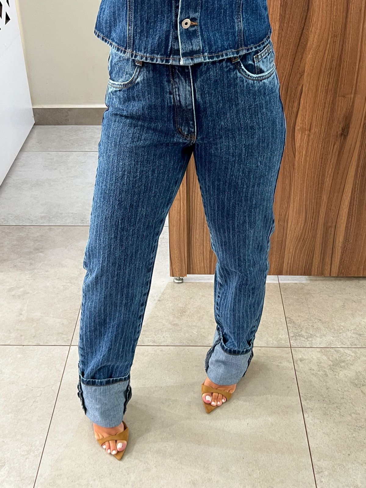 Calça Jeans Escura Reta Listras Nxo
