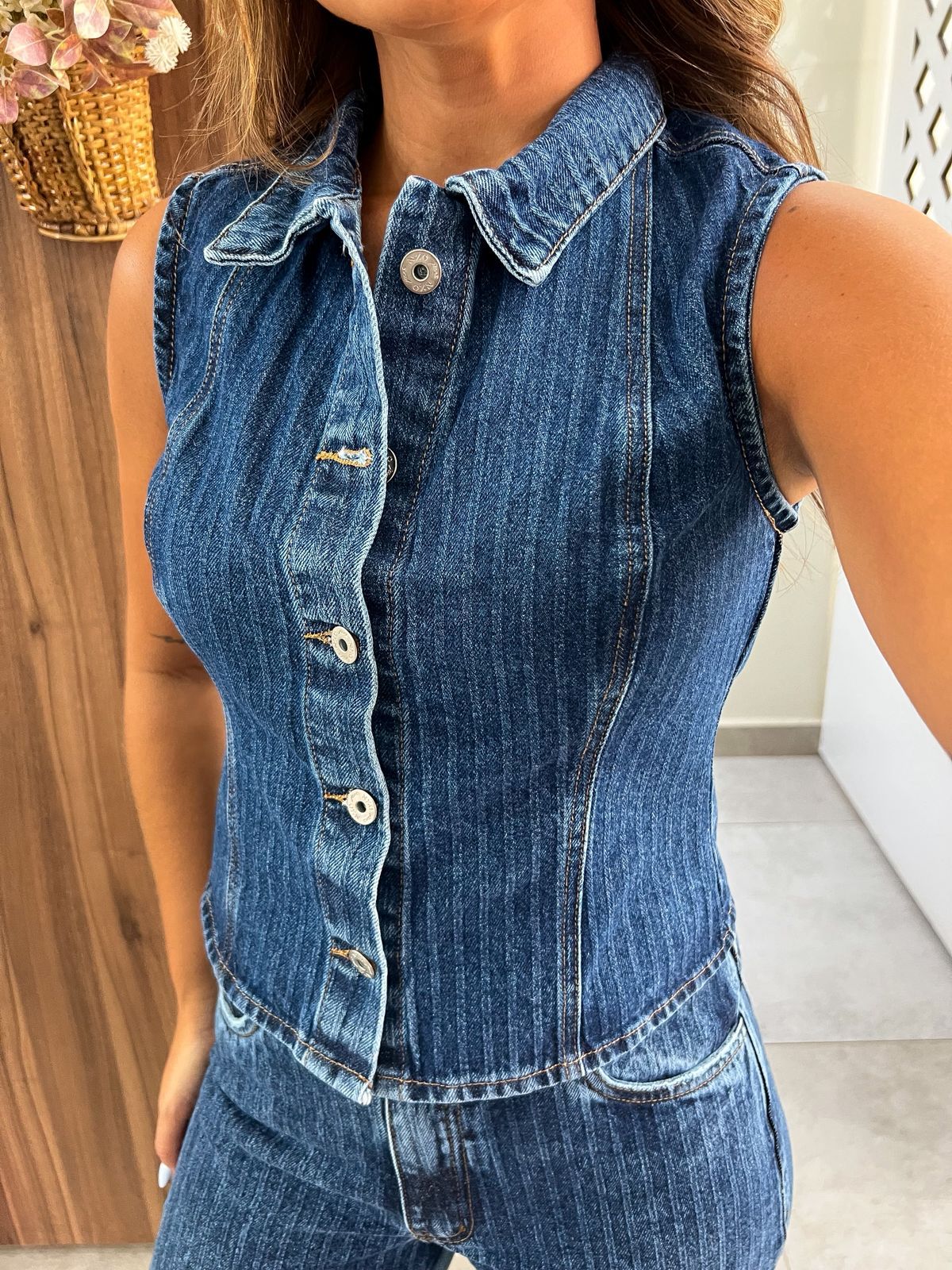 Colete Jeans Escuro Listras Nxo