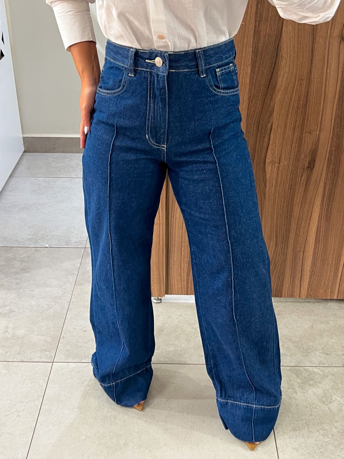 Calça Wide Leg Jeans Escuro Leila Nxo