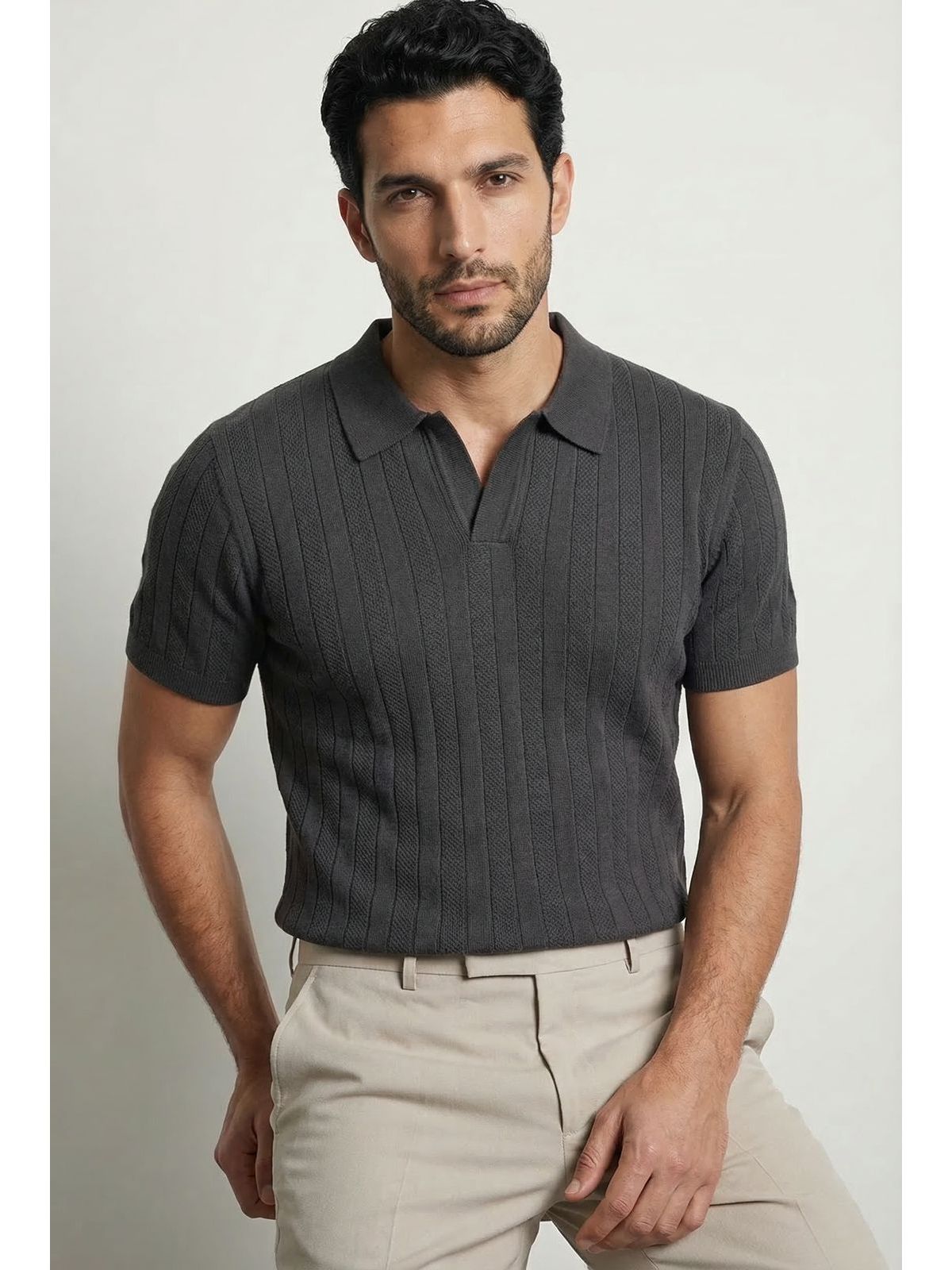 GOLA POLO TRICÔ MARTINE LORENZO - CINZA ESCURO - SP GRIFES - Camisetas Importadas no Atacado